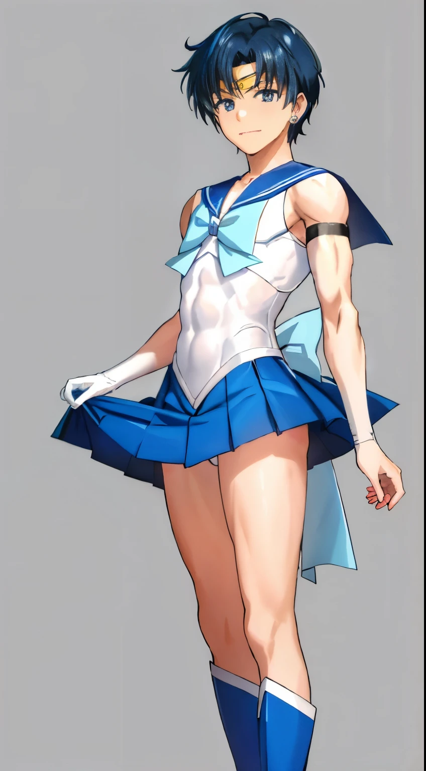 highest quality anime art、masterpiece、high definition anime art、アニメstyle4K、High resolution、sailor warrior uniform、anime boy、handsome boy、Male middle school student、Ami Mizuno、gender change、sailor mercury、gender change(girl to boy)、rating:safe、solo、blue sailor collar、sky blue bow tie、magical boy、blue choker、boy with very short blue hair、jewelry、skirt、earrings、white gloves、long gloves、bow、Masculinization、blue knee boots、blue heel boots、blue skirt、circlet、blue eyed boy、back_bow、muscular and strong、white leotard、high leg leotard、white dress、boy with very short black hair、blue_bow、sky blue_bow、white_bow、strong muscles、a boy is standing、smile、mini skirt、pleated skirt、muscular man、photo、bare shoulders、bare legs、レトロなanime boy、retro anime images、cell shaded anime、Hymn to the King as a Prince、Full body close-up shot、anime dick、soft lighting、male focus、(1990s(style):0.9)、