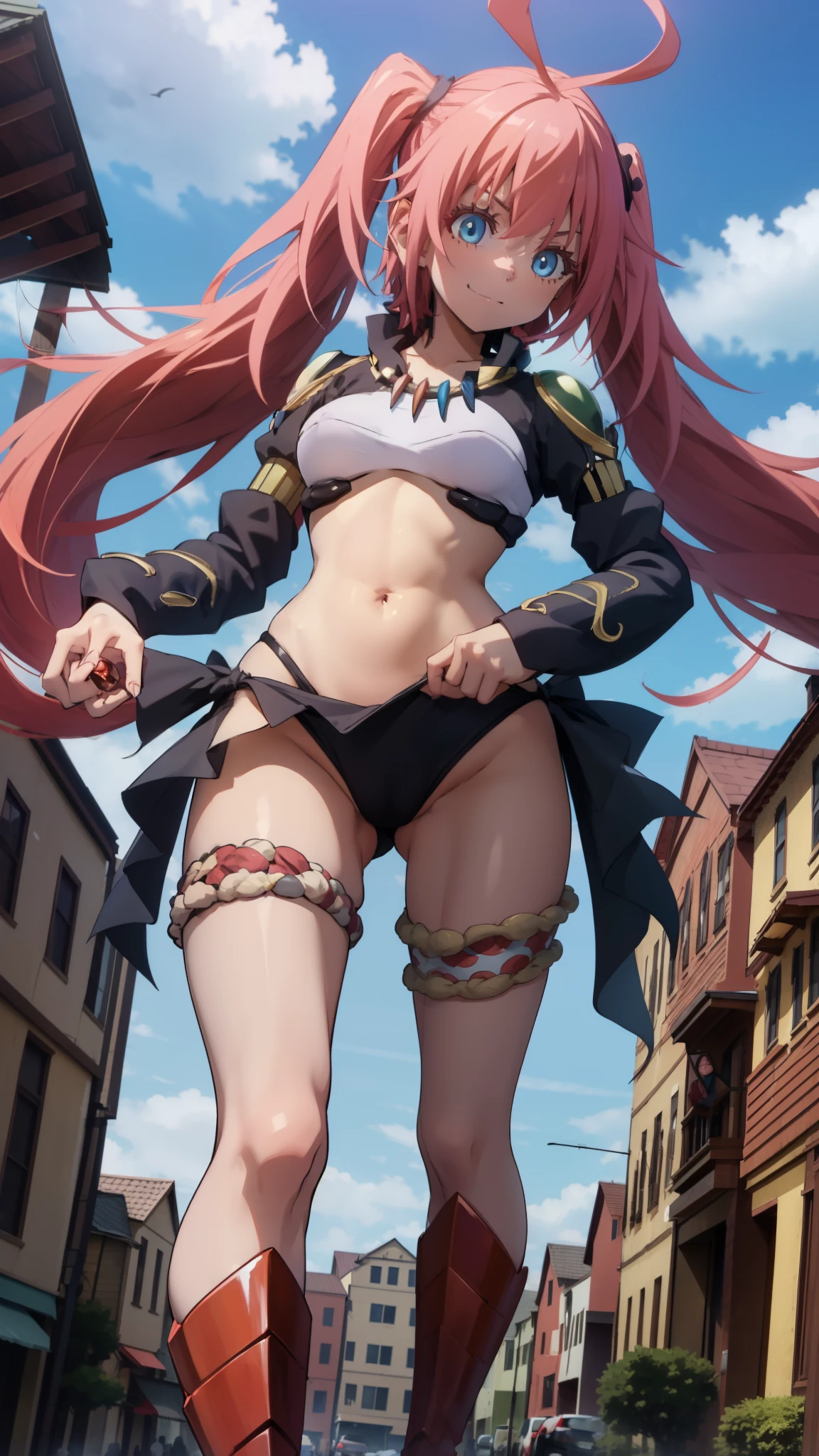 giant girl 50,0000000 feet tall,,Have a pair of long legs,Possessing a pair of huge blood-red demon wings,And a pair of blood-red devilish eyes,Have waist-length black hair,loose hair, Wearing a pair of curly hair in high heels,Holding a demonic sword,A look of pleasure,Standing in a small town crowded with people, wantonly destroying them,It seems like an invincible existence