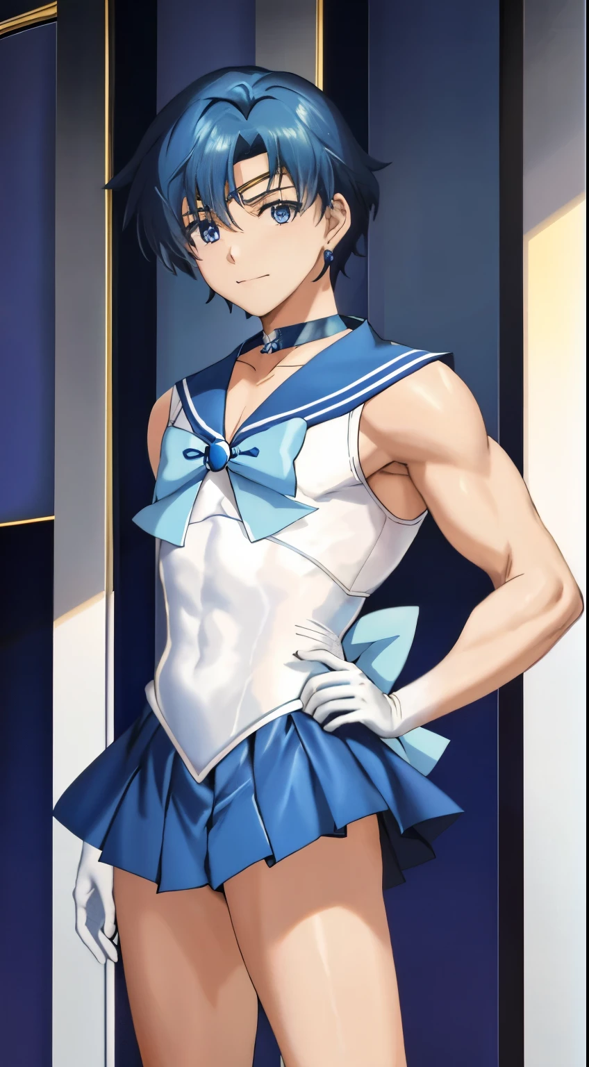 highest quality anime art、masterpiece、high definition anime art、アニメstyle4K、High resolution、rating:safe、sailor warrior uniform、anime boy、handsome boy、Male middle school student、Ami Mizuno、gender change、sailor mercury、gender change(girl to boy)、solo、blue sailor collar、sky blue bow tie、skirt、magical boy、blue eyed boy、blue skirt、bow、jewelry、white gloves、long gloves、boy with very short blue hair、white leotard、high leg leotard、white dress、earrings、circlet、blue knee boots、blue heel boots、blue choker、smile、mini skirt、pleated skirt、a boy is standing、looking_at_viewer、back_bow、muscular and strong、blue_bow、sky blue_bow、white_bow、strong muscles、gradient_background、muscular man、mouth closed、bare shoulders、bare legs、sel anime画、sel anime、retro anime images、Hymn to the King as a Prince、male focus、レトロなanime boy、(1990s\(style\):0.9)、