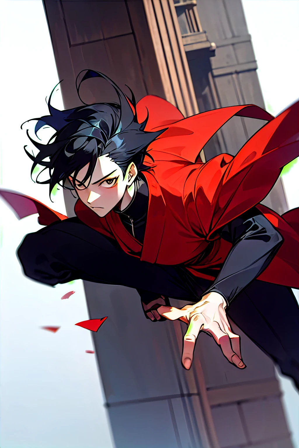 An anime character guy  that is 18-20 years old wearing a black jujutsu uniform and has incredible speed and yielding a powerfull wooden sword can use speed mirage from jujutsu kaisen black hair and falling of a tower