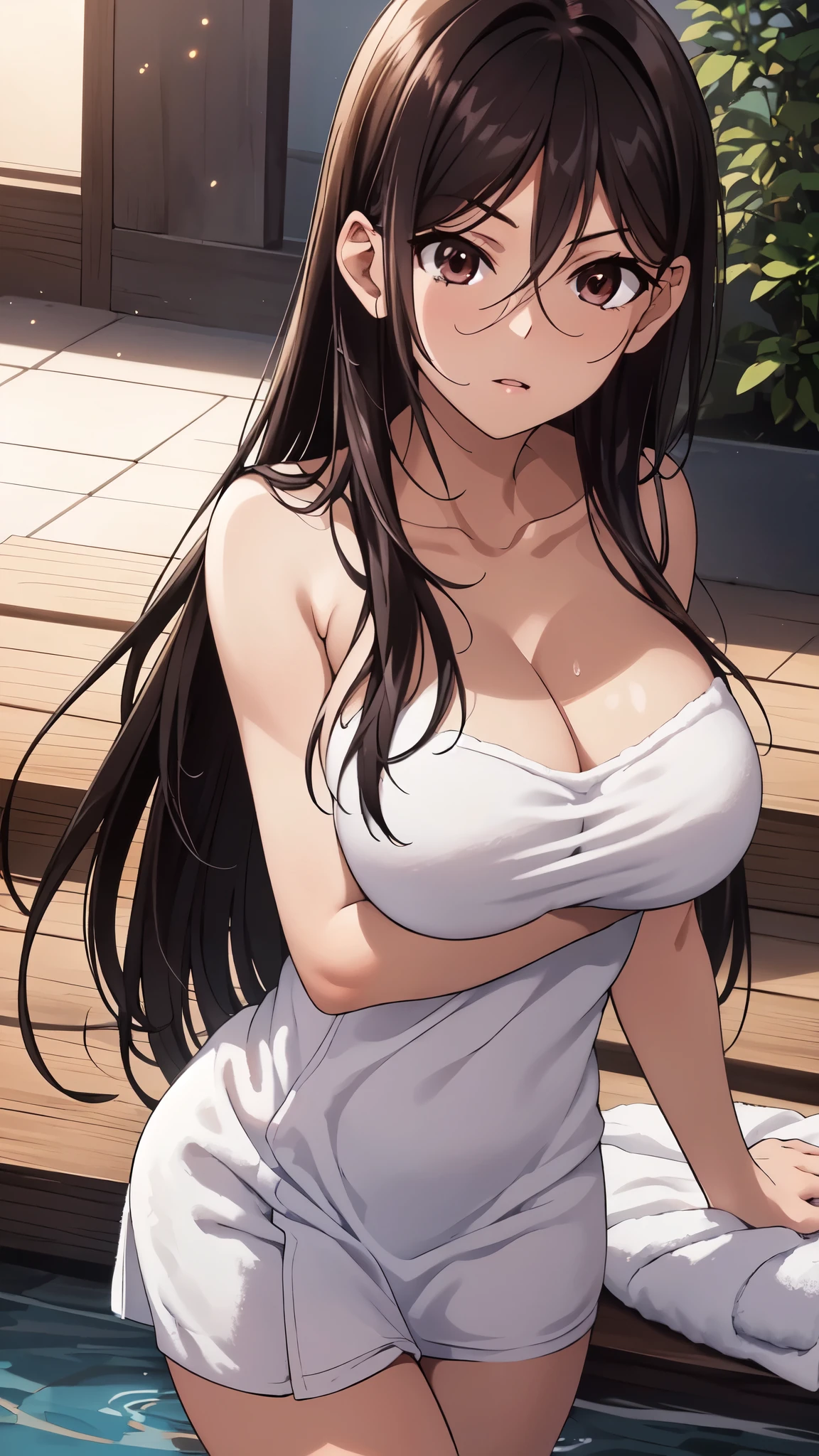 realistic, hyper detail,very accurate and detailed,超High resolution,Highly detailed CG Unity 8k wallpaper,(realistic,Photoreal,超realistic:1.5), smile,blush,girls only, long hair, dynamic lighting, ((bold imaginative poses)), (Glossy skin:1.5), masterpiece, highest quality, confused, audience,(High resolutionのバスタオル:1.4),(naked towel:1.4),(Covered with bath towel:1.4), (black hair:1.4),(long straight hair:1.5),(brown eye:1.4),((beautiful, fine eyes:1.3)),(wet clothes:1.4), thin, High resolution, sharp focus, written boundary depth, eye for detail, clear eyes, ((beautifulアニメの目:1.4)), outdoors, sunrise sky,Open-air bath at a long-established hot spring inn,(Covered with bath towel:1.4)
