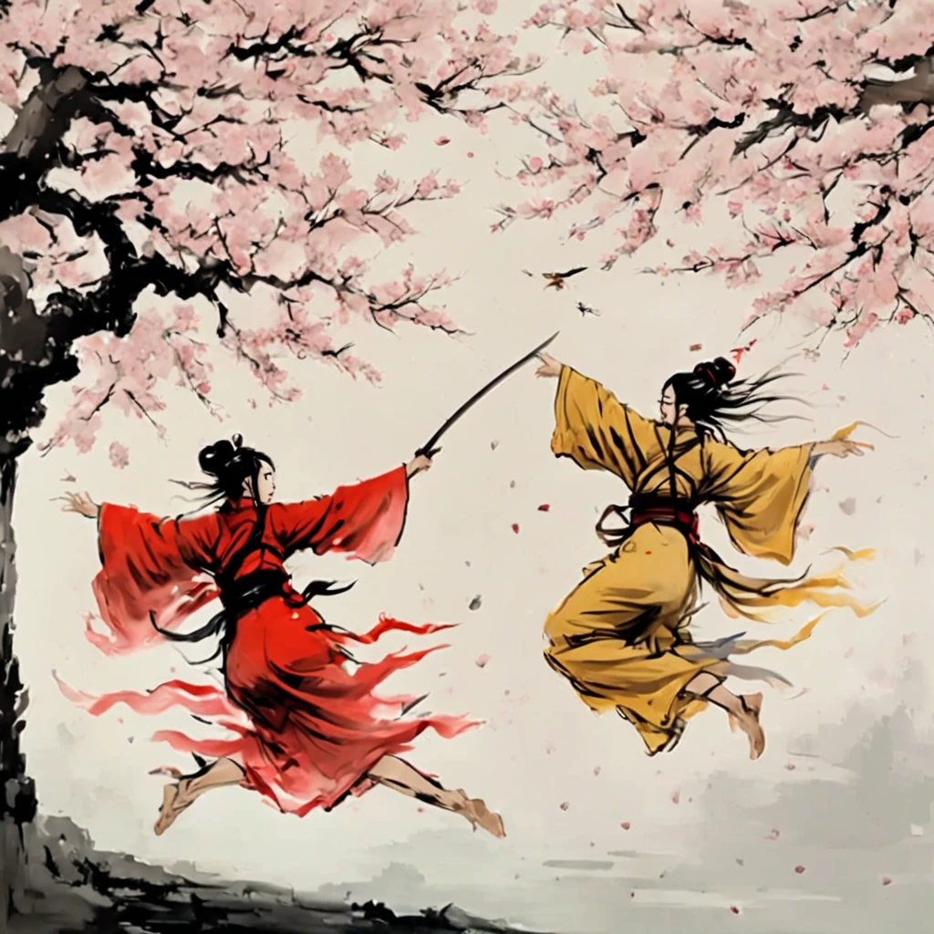 High Resolution, High Quality Sketch in color alcohol ink . The graphics are a masterpiece. Ukiyo-e style. Nihongo style. A Two beautiful Women in kimonos with katanas are flying between the trees and fighting. A reminiscence of the movie House of Flying Daggers. Cherry blossoms. The petals are flying. Movement. Sharp focus. 32k. Hyperdetalization., perfect composition, beautiful detailed intricate insanely detailed octane render trending on artstation, 8 k artistic photography, photorealistic concept art, soft natural volumetric cinematic perfect light, chiaroscuro, award - winning photograph, masterpiece,