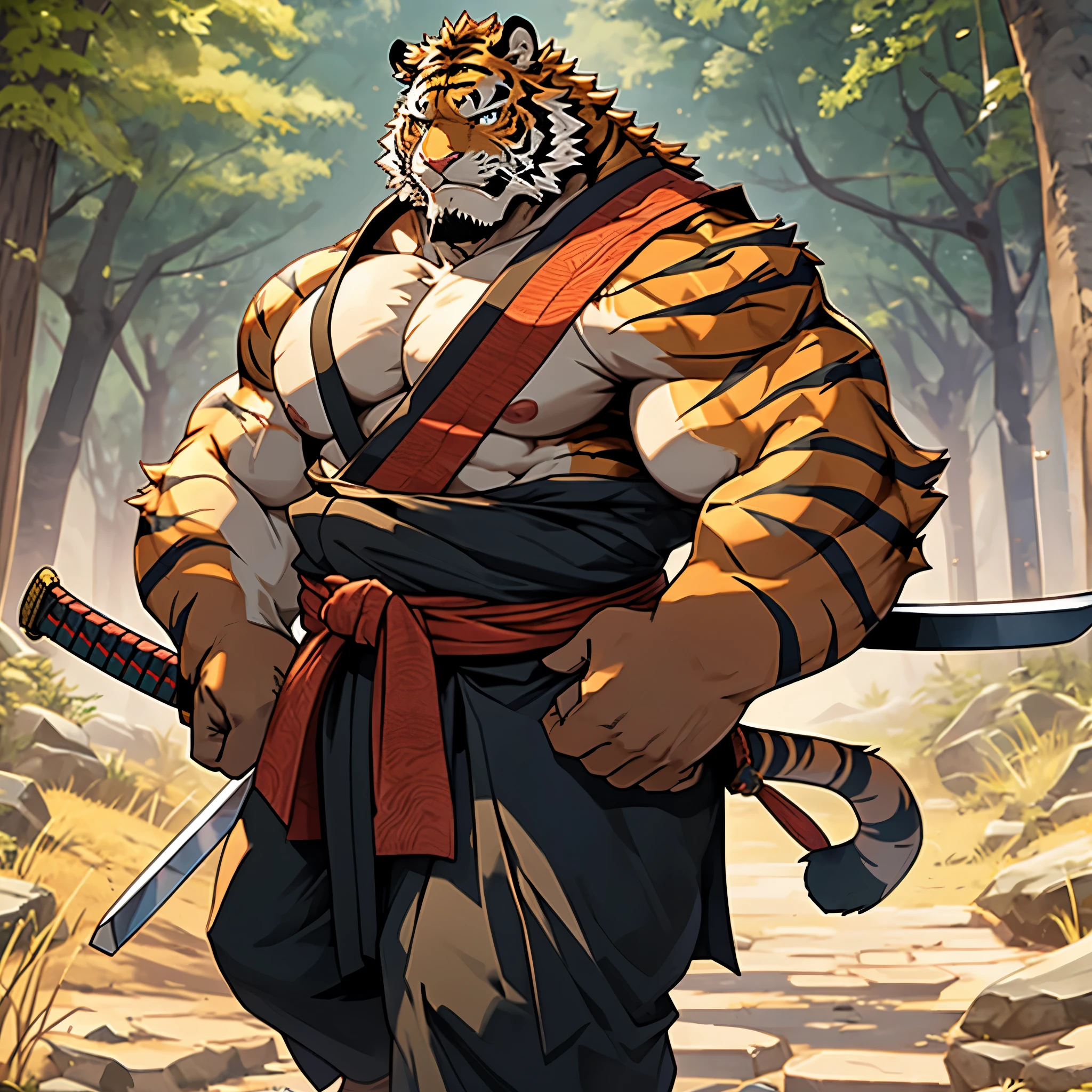 tiger orc，alone，muscle tissue，tit，chubby，Wearing a katana，Potbellied，plump and firm，There are huge protrusions in the lower body，Wearing a katana，samurai style，Carry a katana，Carrying a sword，Hold your waist with your hands