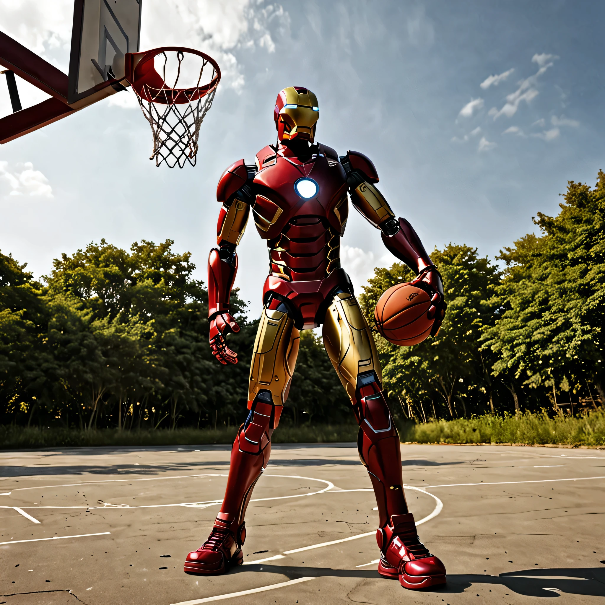 Ironman de Marvel jouant au basket, realistic perspective, Réalisme surrealistic, emotional realism, realistic, la photographie