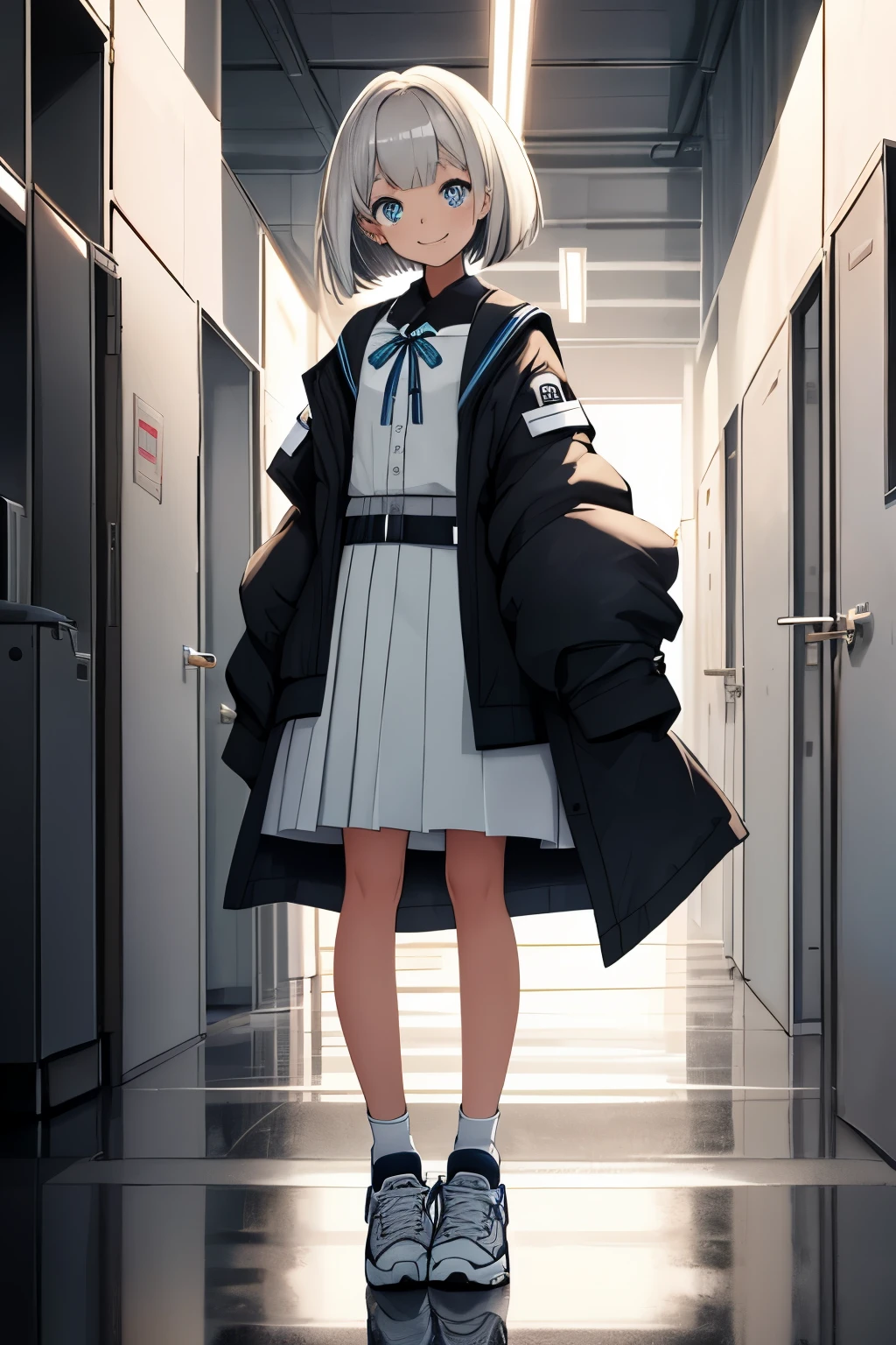 In the heart of a grey, minimalistic background, a young girl is standing with a poised and upright posture, showcasing her full figure from the front. Clad in a pristine school uniform, the sleeves of her blouse delicately cover her arms, which rest at her sides. Her bob cut frame her beautiful, detailed eyes that sparkle like diamonds, reflecting the gentle light of the scene. The girl's smile reaches her ears, revealing her white, pearly teeth. Her blue eyes, captivating and expressive, lock gaze with the viewer, inviting a sense of connection. At her feet, a pair of squeaky clean sneakers complete her flawless appearance.