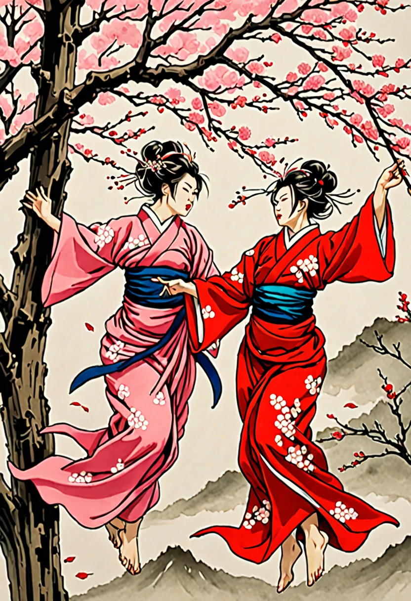 High Resolution, High Quality Sketch in color alcohol ink . The graphics are a masterpiece. Ukiyo-e style. Nihongo style. A Two beautiful Women in kimonos  are flying between the trees and fighting. A reminiscence of the movie House of Flying Daggers. Cherry blossoms. The petals are flying. Movement. Sharp focus. 32k. Hyperdetalization., perfect composition, beautiful detailed intricate insanely detailed octane render trending on artstation, 8 k artistic photography, photorealistic concept art, soft natural volumetric cinematic perfect light, chiaroscuro, award - winning photograph, masterpiece,