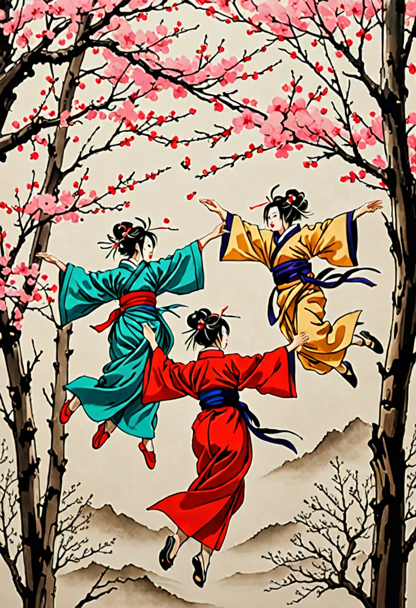 High Resolution, High Quality Sketch in color alcohol ink . The graphics are a masterpiece. Ukiyo-e style. Nihongo style. A Two beautiful Women in kimonos  are flying between the trees and fighting. A reminiscence of the movie House of Flying Daggers. Cherry blossoms. The petals are flying. Movement. Sharp focus. 32k. Hyperdetalization., perfect composition, beautiful detailed intricate insanely detailed octane render trending on artstation, 8 k artistic photography, photorealistic concept art, soft natural volumetric cinematic perfect light, chiaroscuro, award - winning photograph, masterpiece,