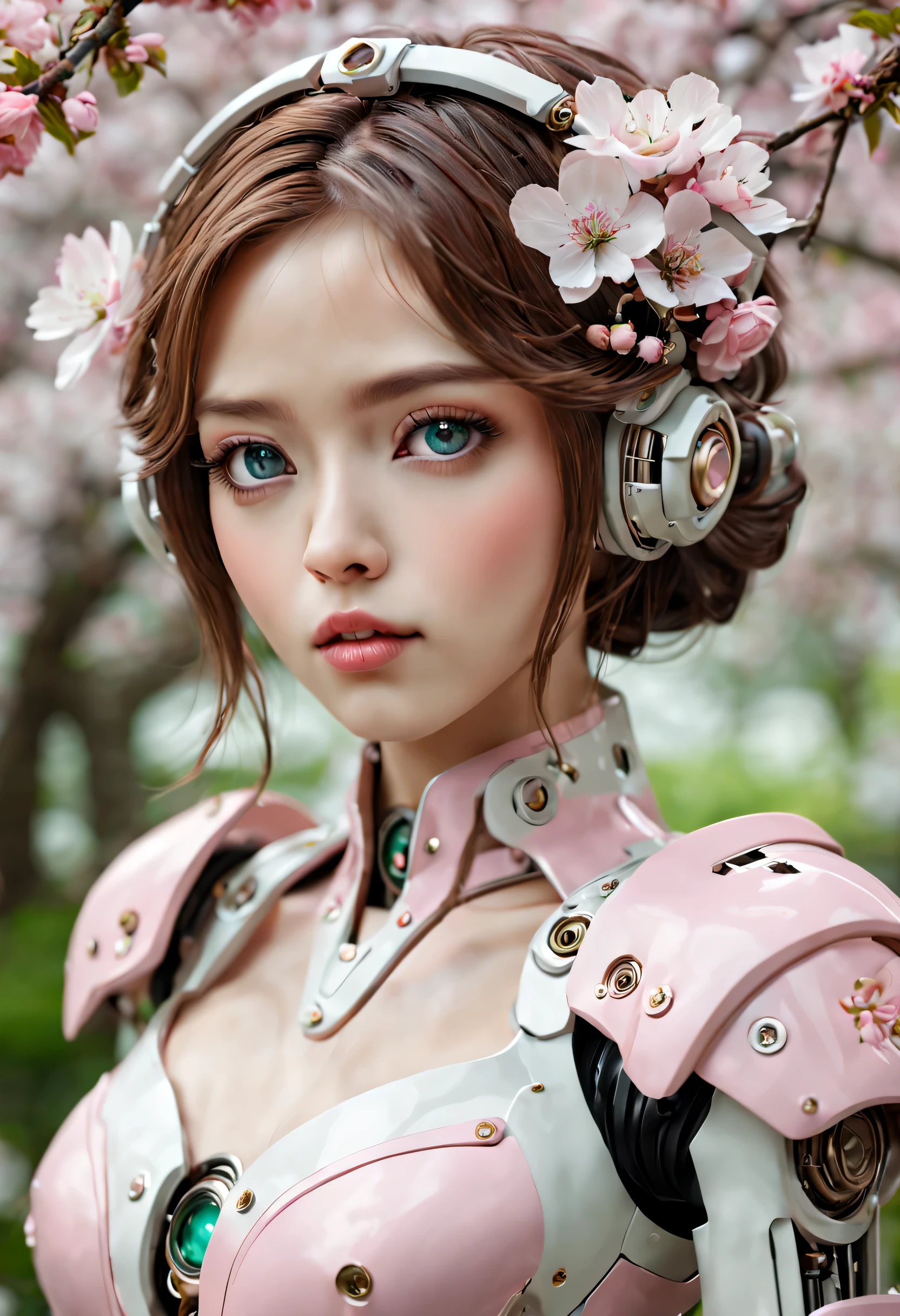 Mechanical girl's's body is covered by mecha,Exquisite metal connector,Complex clockwork mechanism,Surrounded by peaceful gardens,The garden is filled with pink and white flowers,Lush green plants。beautiful eyes,beautiful lips,pretty face,porcelain skin。She stands elegantly,Elegant posture,This pose exudes a sense of calm and attitude。Petals fall gently like drizzle,A pink carpet formed under the girl'foot。The color palette is dominated by pastel tones,Emphasize the beauty of cherry blossoms。The light is soft and diffuse,Cast soft shadows,Enhance the ethereal texture of the scene。The overall picture quality reaches the highest level,Every detail is carefully and meticulously rendered,Create quality products。(best quality,4k,8k,high resolution,masterpiece:1.2),Super detailed,(actual,photoactual,photo-actual:1.37)