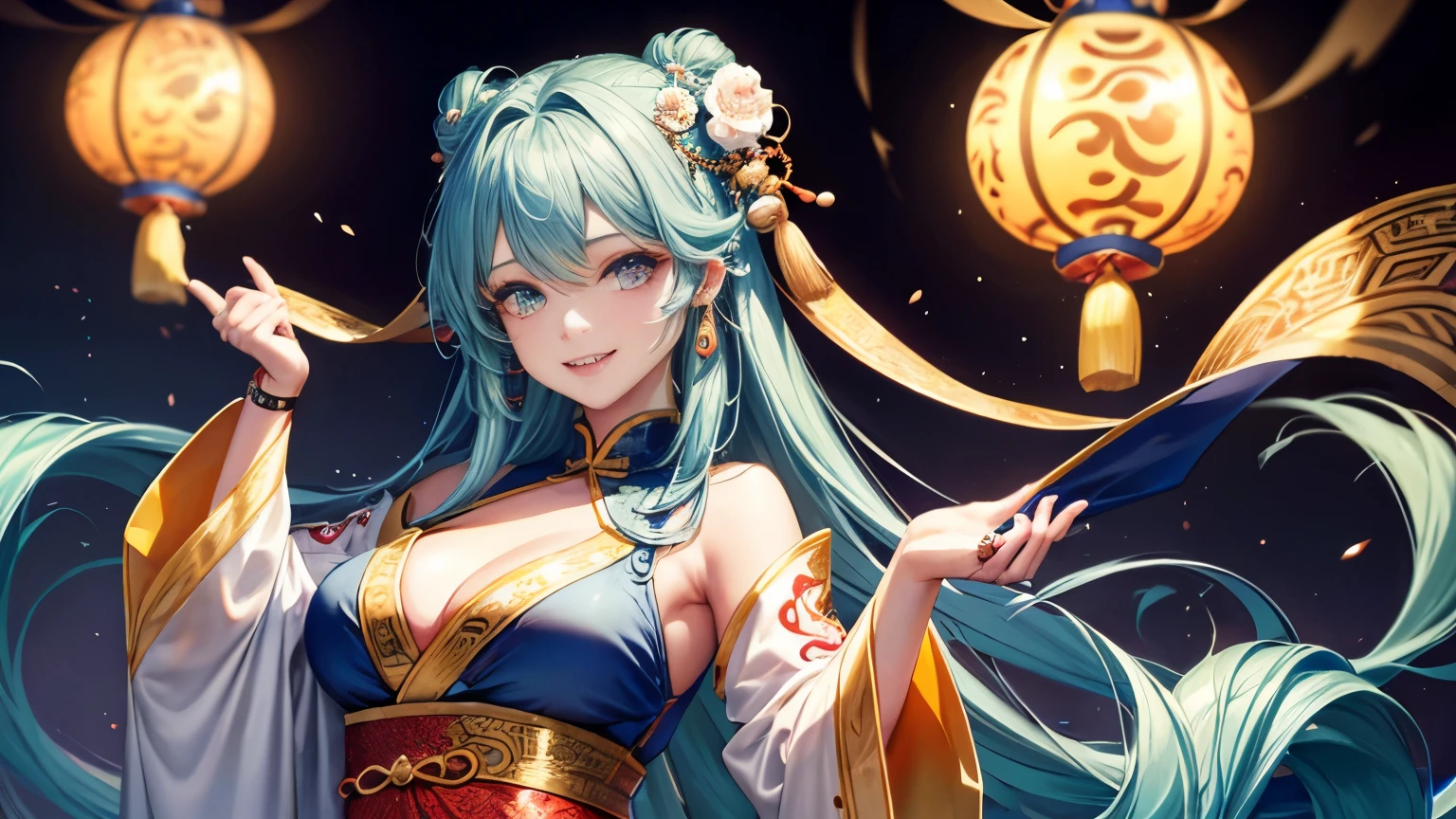 High resolution, 1 female, hip up, beautiful eyes, Ring-shaped eyes, jewelry, tattoo, Hanfu, chinese fairy, taoist uniform、cleavage、smile、