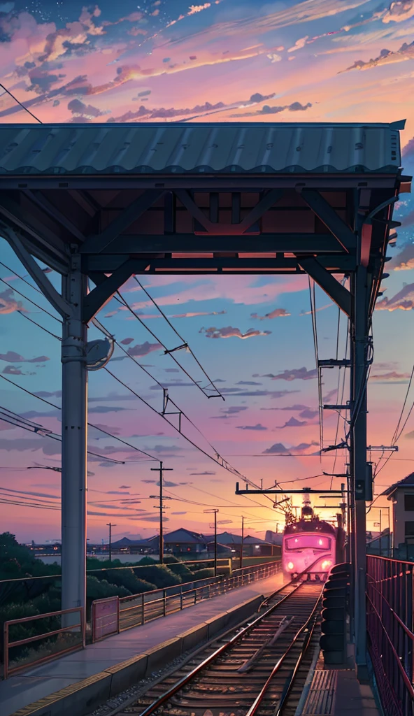Animated scene of train passing under pink and purple sky, Animation drawn by Makoto Shinkai, Hot topics on pixiv, realism, beautiful anime scene, universe sky. by Xin Haicheng, ( ( Xin Haicheng ) ), by Xin Haicheng, anime background art, style of Xin Haicheng