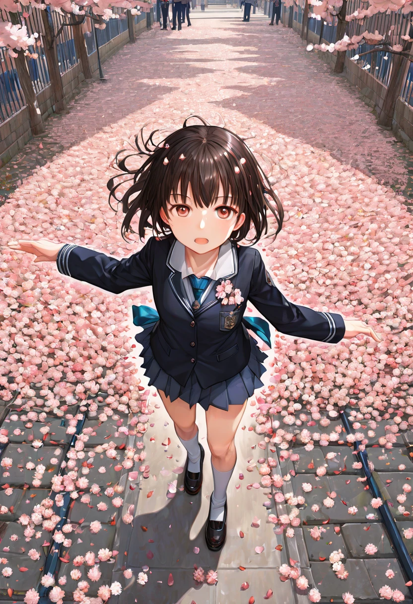 girl, from above, looking at viewer, Sakura petals dancing down, school uniform, junoesque, masterful, noon, (best quality, masterpiece, Representative work, official art, Professional, Ultra intricate detailed, 8k:1.3)