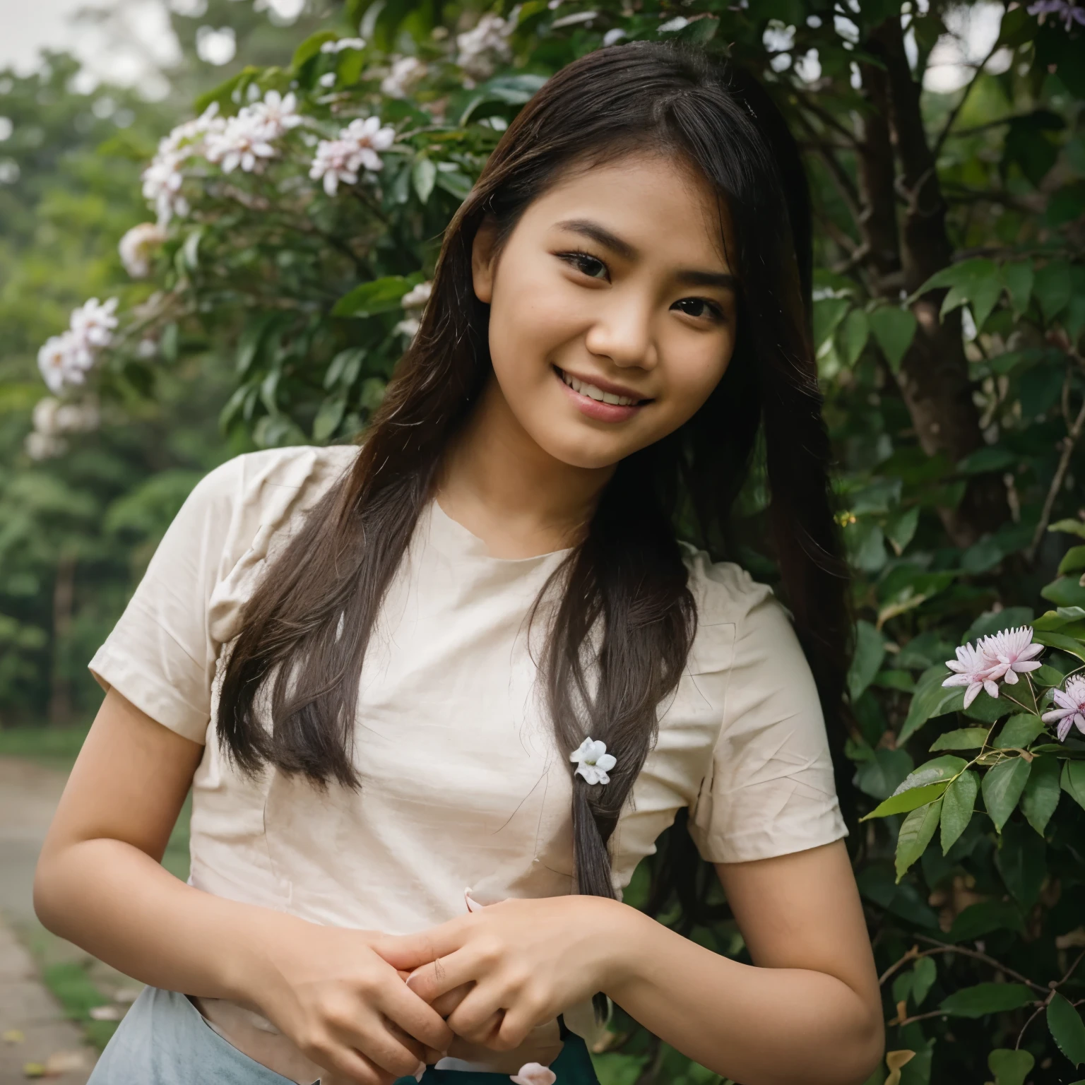 The 20-year-old Burmese girl face in Burmese Thanaka and long hair  is smiling and  at the falling Burmese Gumkino petals under the burmese gumkino tree. In the background, the colorful Aster flower are blooming. The girl is wearing a  T-shirt. The  correct name " Htay Htay Thu " is written on the front. The side of the name is decorated with Gumkino flowers. 