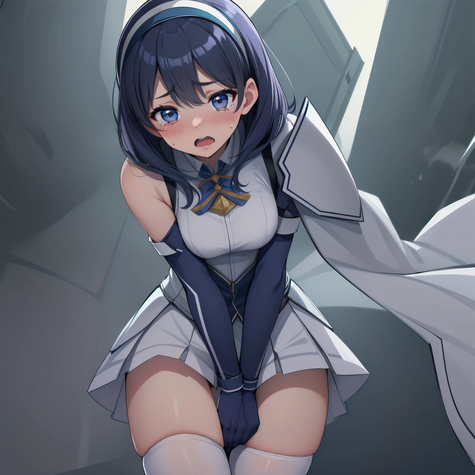 masterpiece,best quality,Very detailed,1 girl,alone,scared,panicked,miosis,scream,raised eyebrows,Keep your eyes open,cry,tears,blush,
1 girl umi ryuuzaki hairband headgear,Blue armor, shoulder pads, blue cloak, elbow gloves, tights, white stockings,
BREAK want,Cover crotch,Knees together and feet apart,(((crotch angle,head out of frame,lower body,Hands clamped in,close up,The crotch is open, crotch focus))),