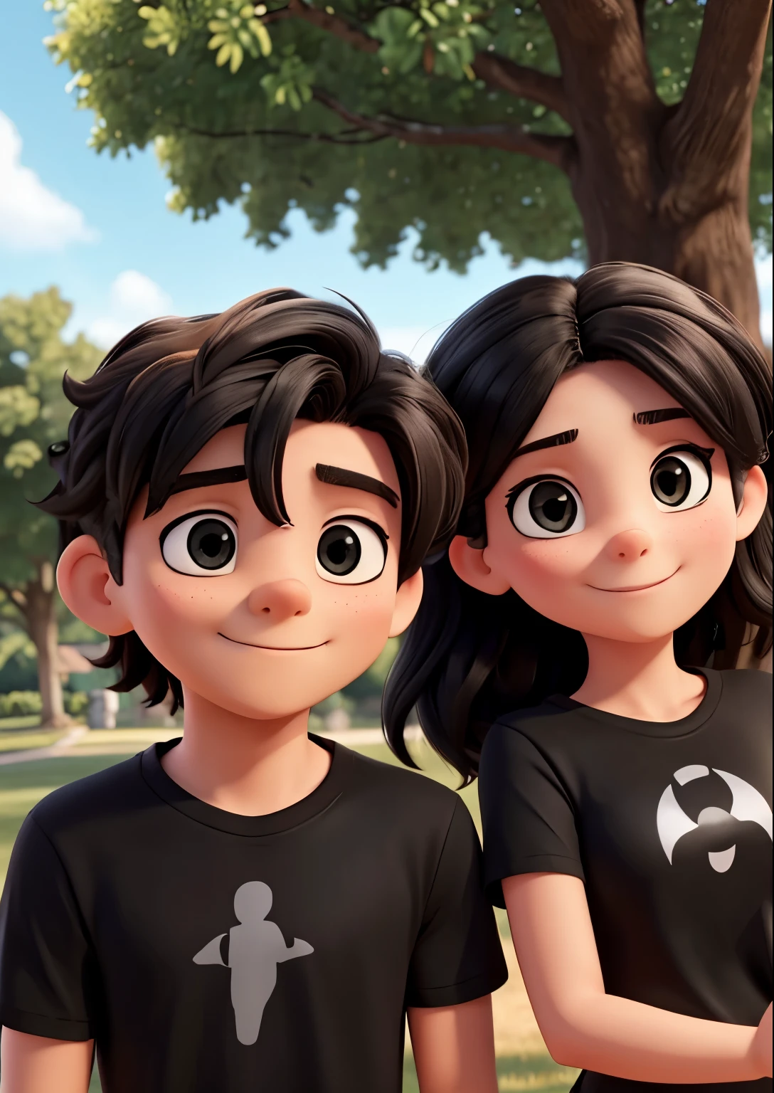 Pulling on two black t-shirts, a couple takes a selfie under a tree