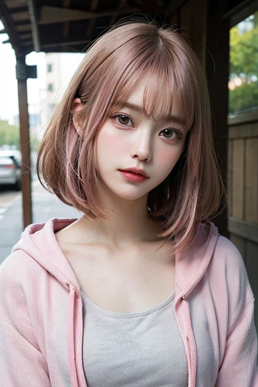 (bob cut hair, pink hair:1.2),(wear a hoodie:1.2),1 girl,Japanese,21 years old,(small breasts:1.3),(highest quality,masterpiece:1.3,超A high resolution,),(super detailed,caustics),(Photoreal:1.4,RAW shooting,)ultra-realistic capture,very detailed,High resolution 16K human skin close-up。 natural skin texture、,The pores are、、Must be detailed enough to be easily identified。 Skin should look even-toned and healthy。 Use natural light and color, sad expression, look at the camera, perfect dynamic composition, outdoors