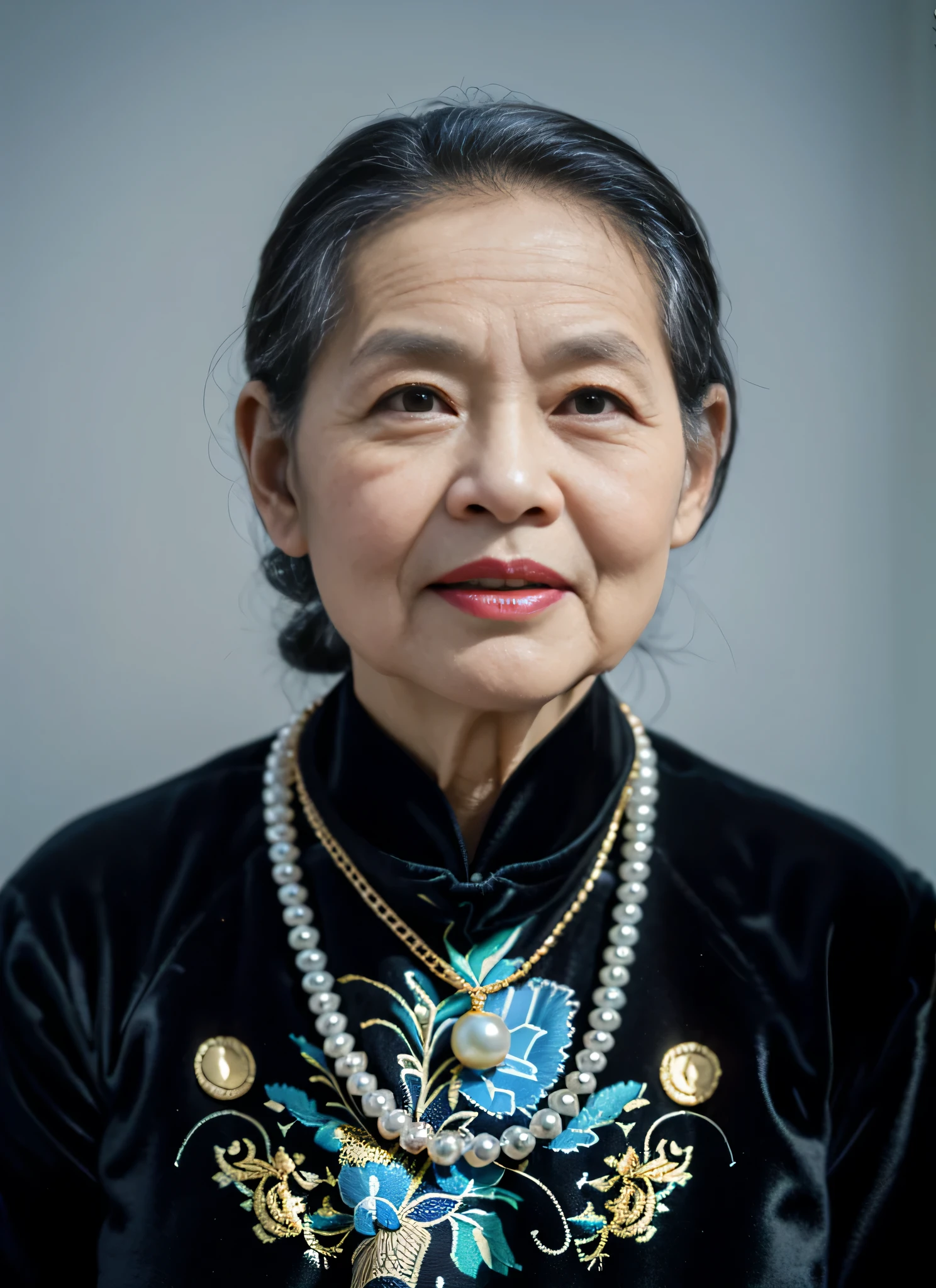 Highly realistic photo, ((masterpiece), (best quality), (raw photo), (photorealistic:1.4), Portrait of Vietnamese old woman, (80 years old), ((black gray hair)), (wearing a dark velvet ao dai), pearl necklaces and gold neckleaces, ((light blue background)) , photo taken by Sony A7IV
