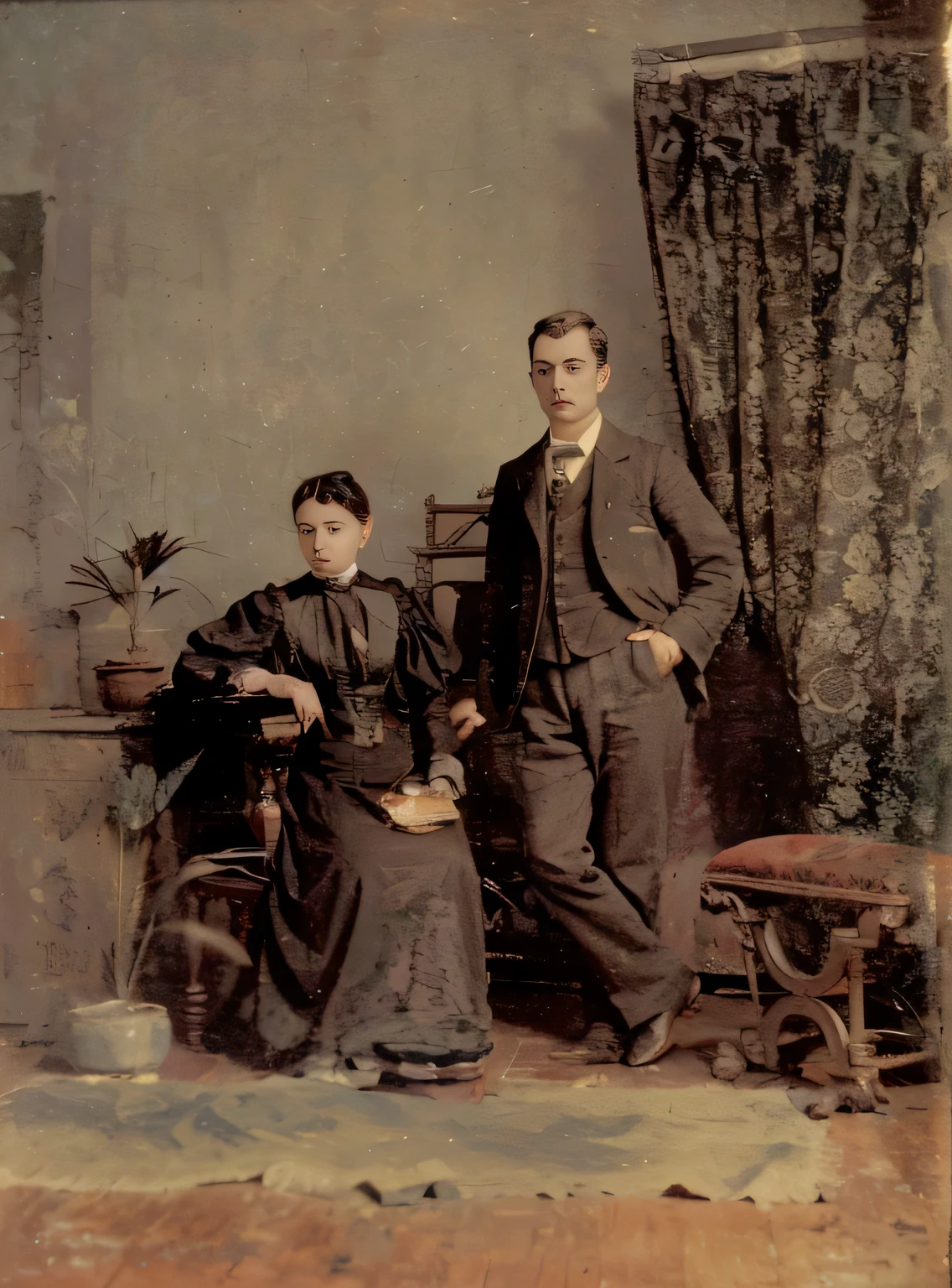 There are two people standing next to each other in a room, retrato de dos personas, victorian era, Foto victoriana, ambos vistiendo ropa victoriana, retrato de pareja, Foto victorianagraph, 1890, 1 8 9 0, retrato de parejas, Foto de 1890, 1895, 1 8 9 5, Location unknown, foto coloreada, portrait photography