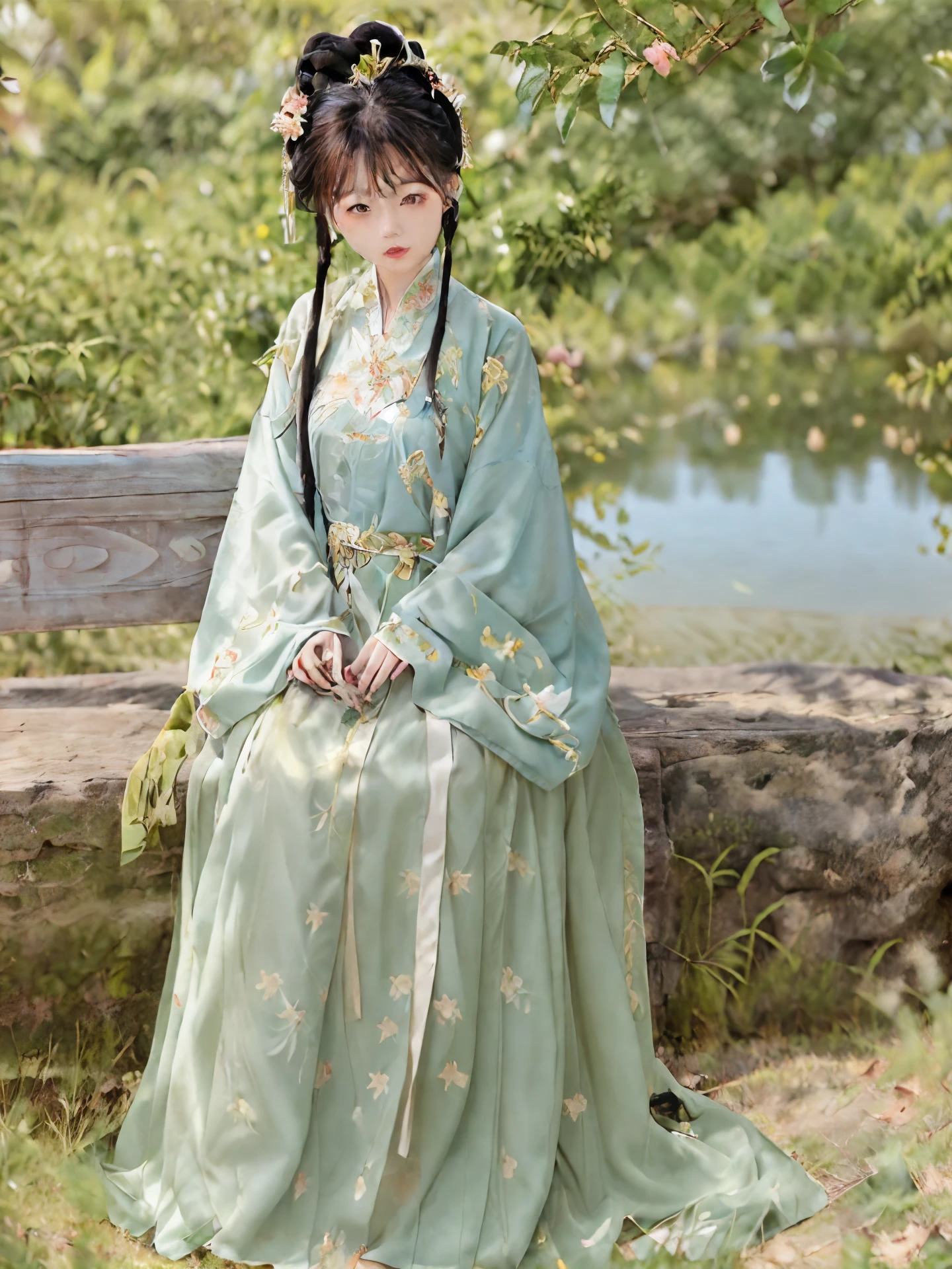 Asian girl sitting on park bench, Chinese girl, palace ， A girl wearing Hanfu, Wearing ancient Chinese clothing, Paired with ancient Chinese costumes, Lovely young girl,Hanfu, ((Lovely beautiful, 🍁 Lovely, 8k)), chinese princess, young asian girl