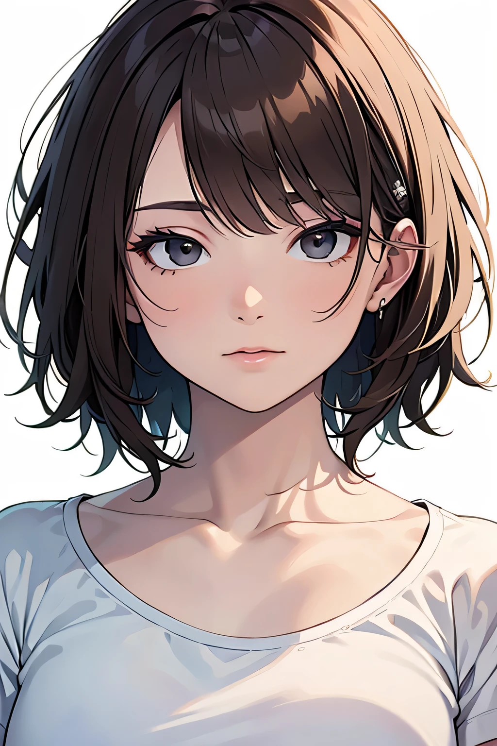 masterpiece, High resolution, 高精細CG Unity 8K,realistic,RAW photo, beautiful and detailed face,detailed hair texture, beautiful face, Accurate, anatomically correct, symmetrical eyes,(1 girl),(black eye),(white background),Upper body:1.2,
thin,small breasts:1.2,(light brown hair), (very short hair),messy hair:1.2,(asymmetrical bangs),Side undercuts,
(plain white t-shirt),