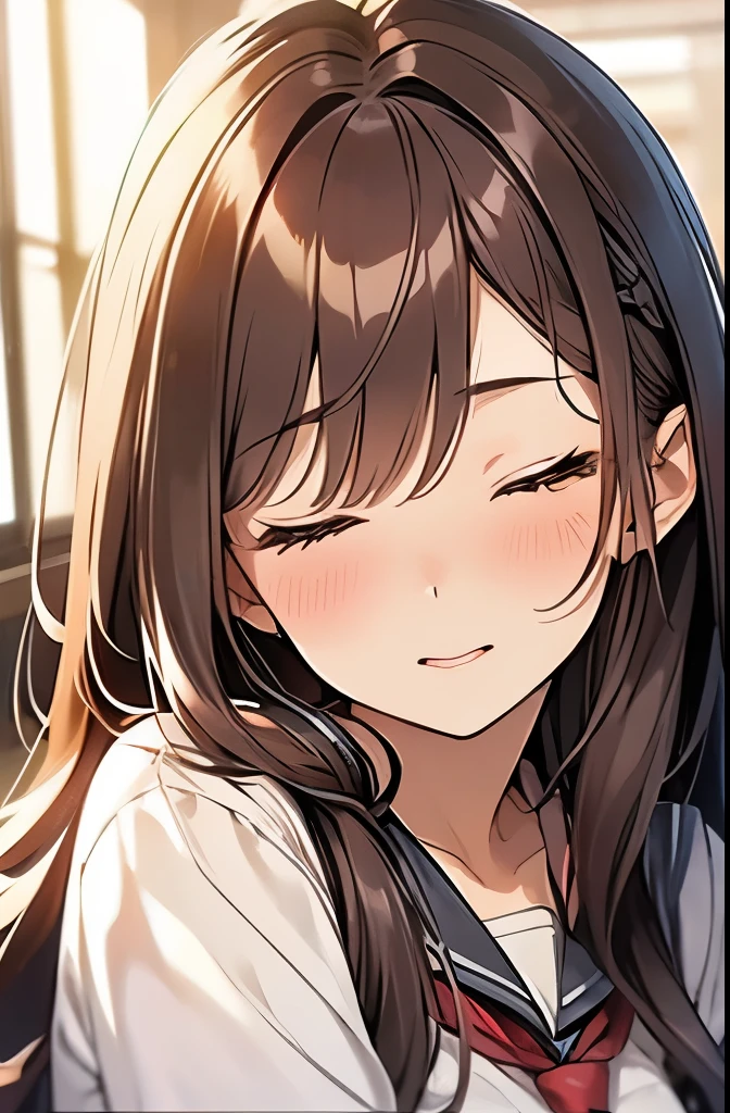 20-year-old、college girl、hair is chestnut color、long hair、so beautiful、kissing face、close up of face、eyes closed