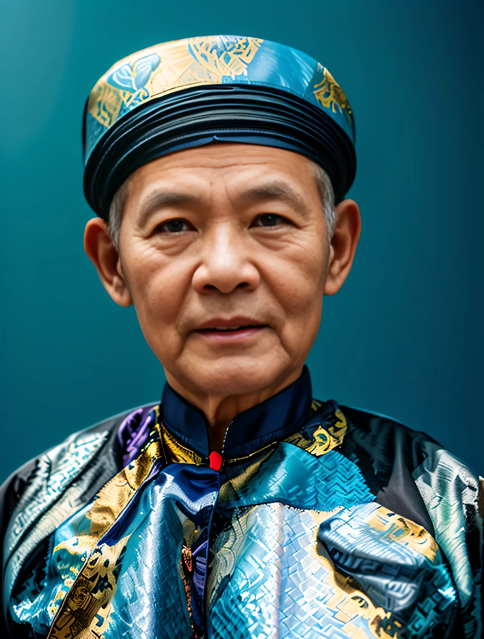 Highly realistic photo, ((masterpiece), (best quality), (raw photo), (photorealistic:1.4), Portrait of Vietnamese old man, 75 years old, (( black hair)), dark blue ao dai, dark blue head scarf, ((light blue background)) , photo taken by Sony A7IV