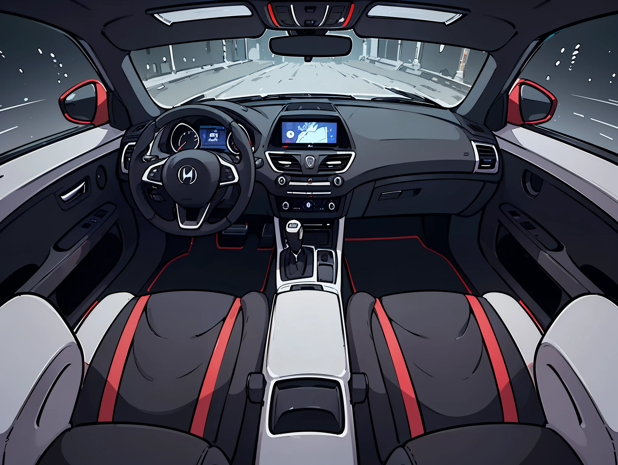 A white Honda Type R car with a front view, showcasing the interior and providing a wide view of the inside of the car. The car is of the highest quality, with a 4k resolution and ultra-detailed rendering. The interior features a modern design, with comfortable leather seats and a sleek dashboard. The car's interior is well-lit, with studio lighting highlighting the intricate details and vibrant colors. The car's interior is in pristine condition, with no signs of wear and tear. The dashboard is adorned with advanced technology, including a touchscreen display and modern controls. The seats are ergonomically designed for maximum comfort. The interior trim features high-quality materials, such as brushed aluminum and carbon fiber accents, adding a touch of luxury to the overall design. The car's interior ambiance is enhanced by soft ambient lighting, creating a modern and sophisticated atmosphere. The color palette of the interior is predominantly black, with contrasting elements in red, adding a sporty and dynamic touch. The front view of the car showcases its aggressive design, with distinctive headlights and a bold grille. The exterior color is a pristine white, complementing the car's sporty character. The car is parked in a well-lit location, with sunlight softly illuminating the surroundings. The car is in focus, with a sharp attention to detail, capturing the fine lines and curves of its design. The overall image exudes a sense of luxury, style, and power.