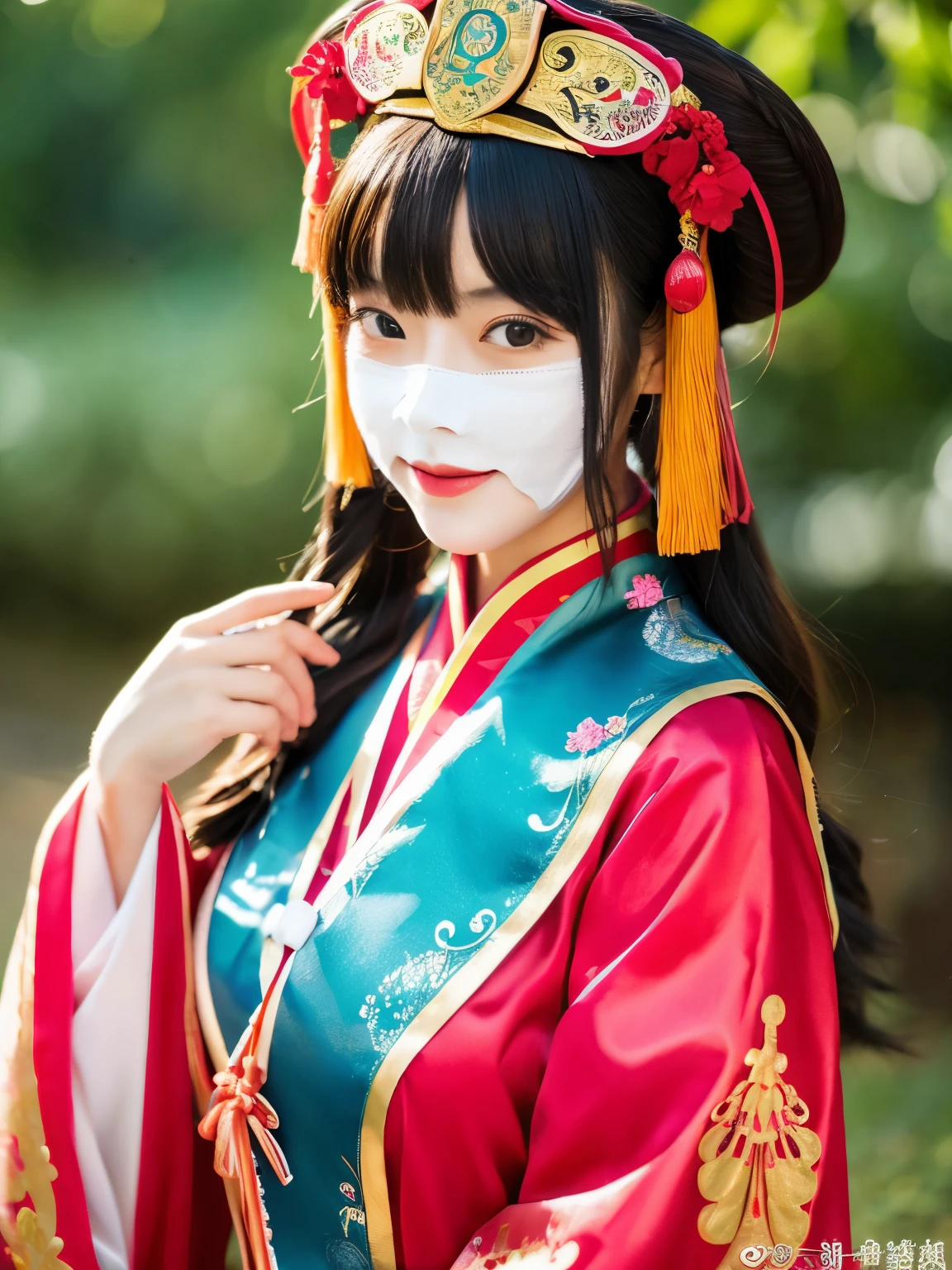 (beautiful girl, half-masked man, traditional Chinese costume, mountain)