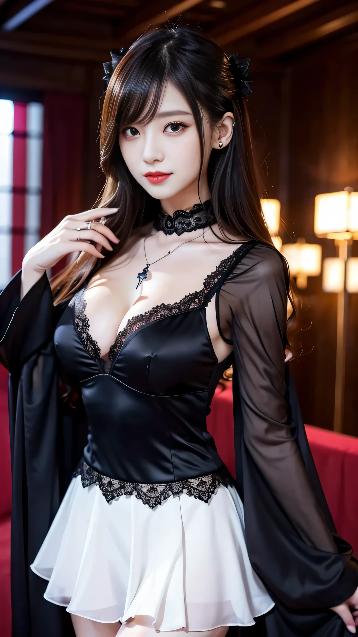 Super detailed、Japanese、charming beauty、seductive adult woman、Beautiful woman、sharp eyes、cool girl、wavy hair、suit、Black chiffon、lace fabric、wide sleeve、wearing a lace insert dress、white blouse、Tight Skirt、Lustrous legs、evilの幹部、evil depravity、brainwashing、Mind control、lipstick、grin、evilな表情、evil、empty eyes、evil、church at night、vampire、evil woman、witch、Succubus、