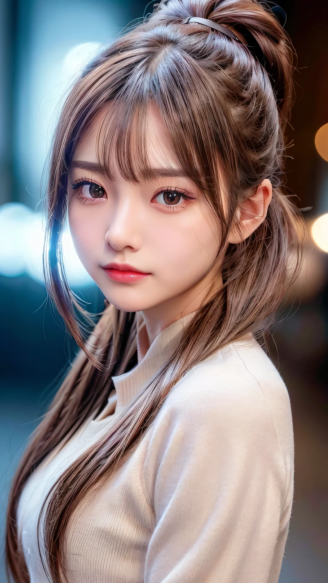 blush,14 years old,small breasts,winter,european cityscape,long hair ponytail,winter clothes,brown coat with collar,long skirt,close up of face,((8K, Raw photo, best quality, muste piece:1.2), (Reality, photorealistic:1.4), (Highly detailed 8K wallpaper), Depth of the bounds written, cinematic lighting, soft light, detailed beauty eye,Shiny and smooth light brown ponytail, asymmetrical bangs, shiny skin, super detailed skin ,high resolution, high detail, detailed hairstyle, detailed beauty face, hyper real, perfect limbs, perfect anatomy ,1 Japanese girl,famous japanese idol, perfect female body,shy smile,short eyelashes,double-edged eyelids,look straight here,Hair style is ponytail,