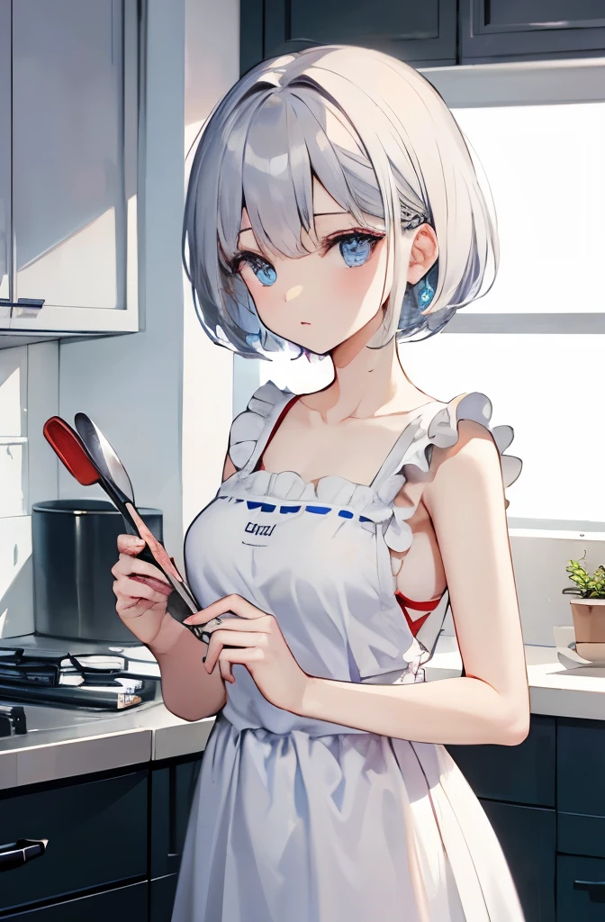 8K, highest quality, masterpiece, super detailed、silver hair、short hair、medium breasts、、full lips、 best quality、、pale blue eyes、put your hands behind your back、lipstick、、whole body、Cooking、full nude、Wearing a blue apron、wearing socks、I'm embarrassed、Kitchen at home、Wearing a blue apron、leaning forward