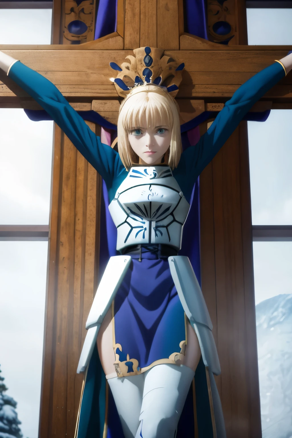 highest quality，masterpiece，UHD, Super detailed, 8K，(Beautiful woman)，一人のBeautiful woman，((crucifixion))，(cross)，(execution)，((incontinence))，scared，torture，slave，((crossにcrucifixionにされた女性：1.5)),crucifixion刑，Artoria Pendragon