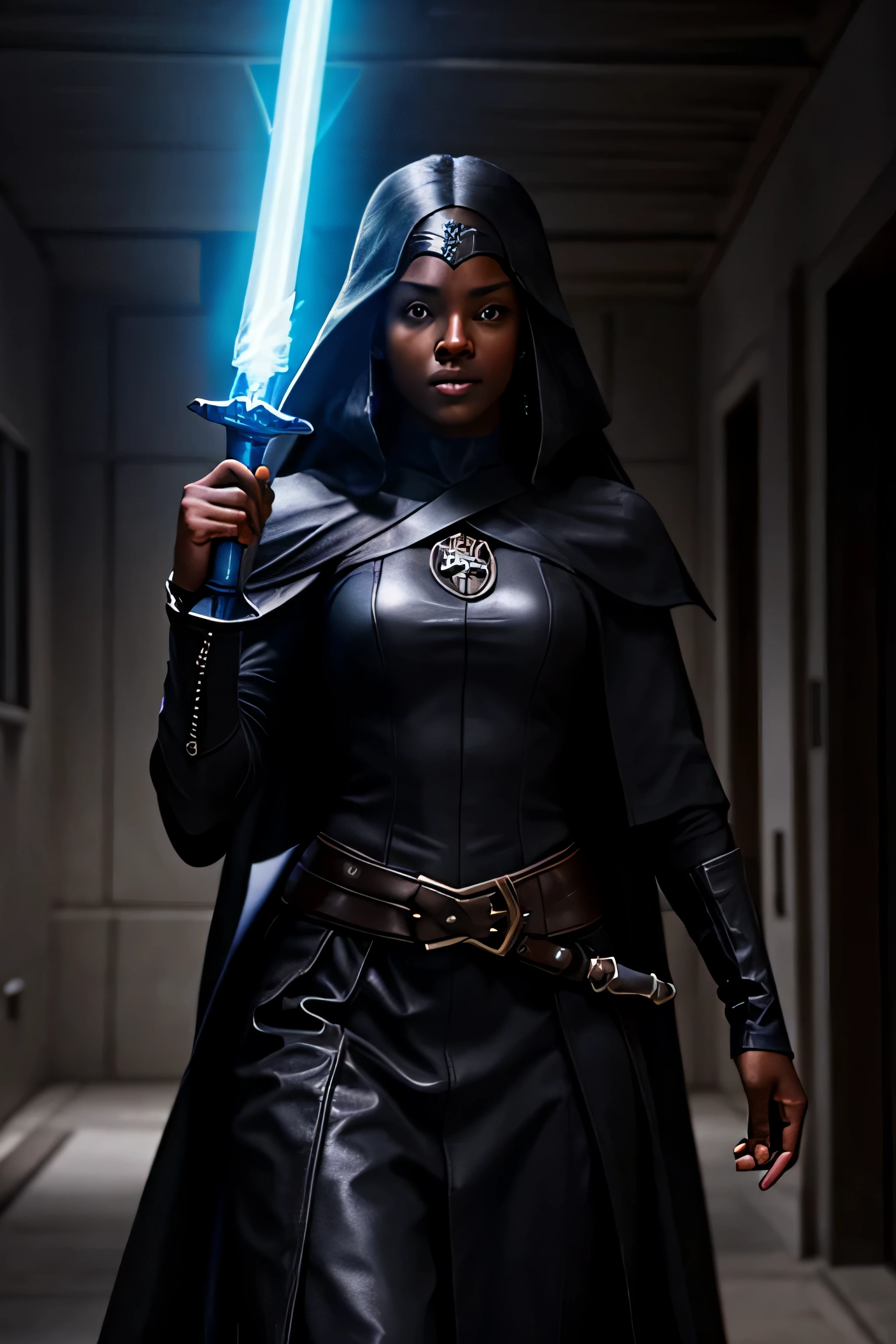 When a female black-haired dark ebony Jedi, dressed is sexy black pirate-clothes from earths seventeenth century, with an ice-blue energy sword begins to feel the pull of the dark side but fight against several dark enemies inside a futuristic jedi city.