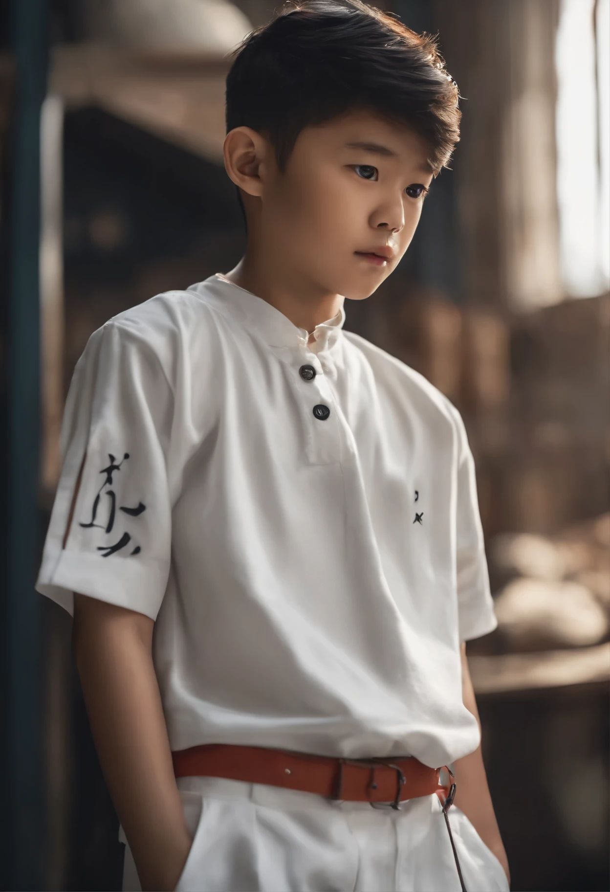 Realistic，asian boy，Black numbers written on the neck，White short sleeves