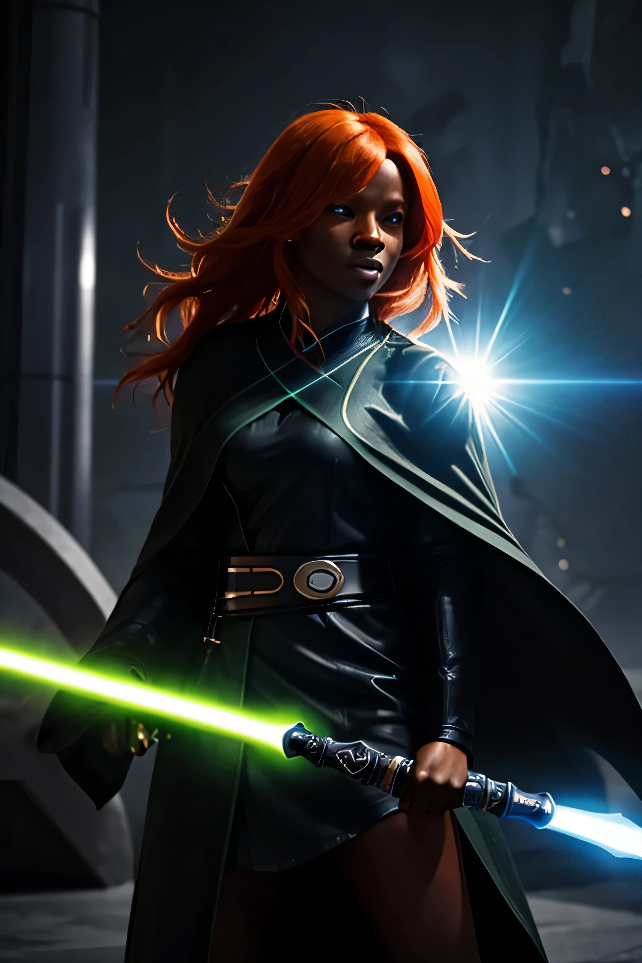 When a female orange-haired dark ebony Jedi, dressed is very sexy light green futuristic robe, with an ice-blue energy sword begins to feel the pull of the dark side but fight against several dark enemies inside a futuristic jedi city.