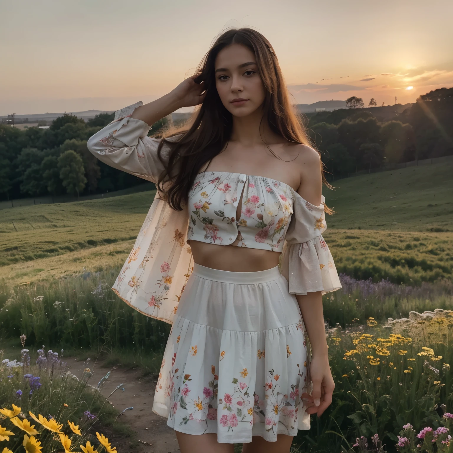 Phone photo of beauty modern Monalisa posted to reddit in 2023, full body, cackle, instagram model pose, Top Quality, Masterpiece, (Photorealistic Picture:1.3), Rim Lighting, (High Detail Skin:1.2), 8K UHD, DSLR, High Quality, High Resolution, 4K, 8K, Bokeh, Absurdity, Best Ratio Four Fingers and One Thumb, (Real:1.3, dressed in designer clothes, clothes waving on the wind. Flowery meadow, sunrise, seductive pose, melancholic vibe, detailed (textures!, hair!, brightness, color!, imperfections:1.1).