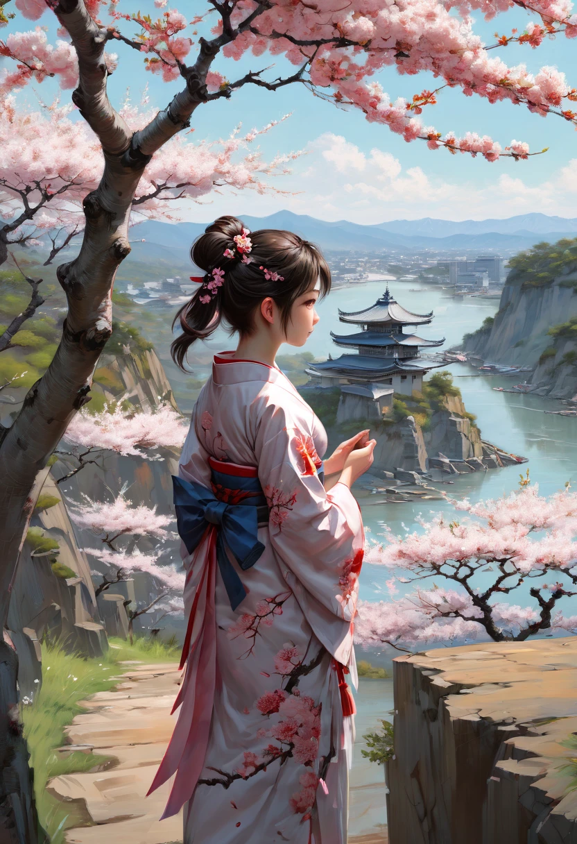 girl, Sakura, Cherry blossom tree, cliff, junoesque, masterful, noon, (best quality, masterpiece, Representative work, official art, Professional, Ultra intricate detailed, 8k:1.3)