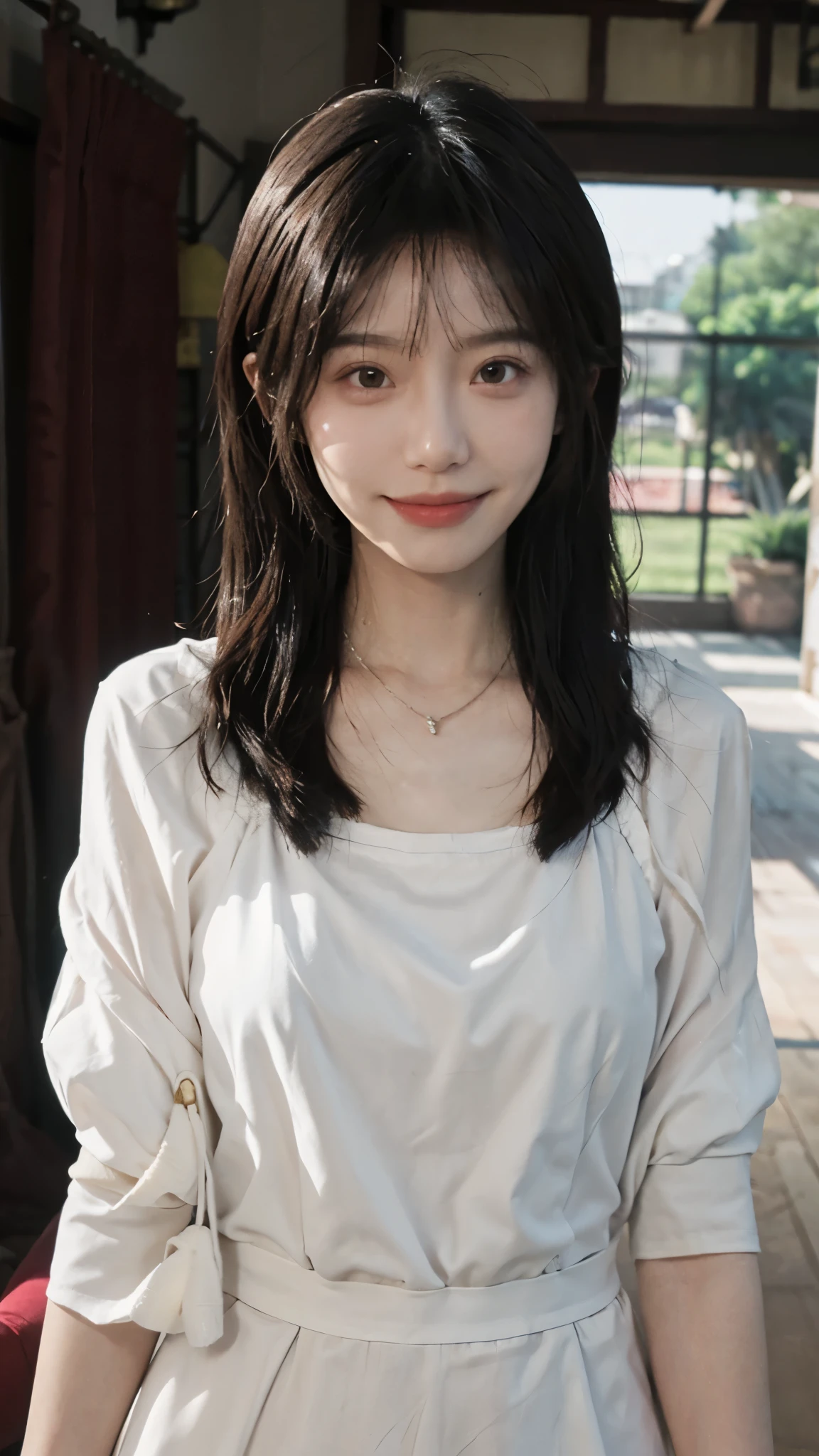 best quality， ultra high resolution， （realistically：1.4），cute hairpin，Baoyu Girl，Standing in the wedding hall，（flat chest：1.2） ，A pair of clear and charming peach blossom eyes,Royal sister，The sun shines on the face，Big wavy hairstyle，（necklace：1.2），（White skin：1.4），a sense of atmosphere，a beautiful girl，sweet smile，Looking directly at the viewer， (lifelike:1.4),1 girl,Sexy,(Upper body:1.4),(wet),(:1.2)