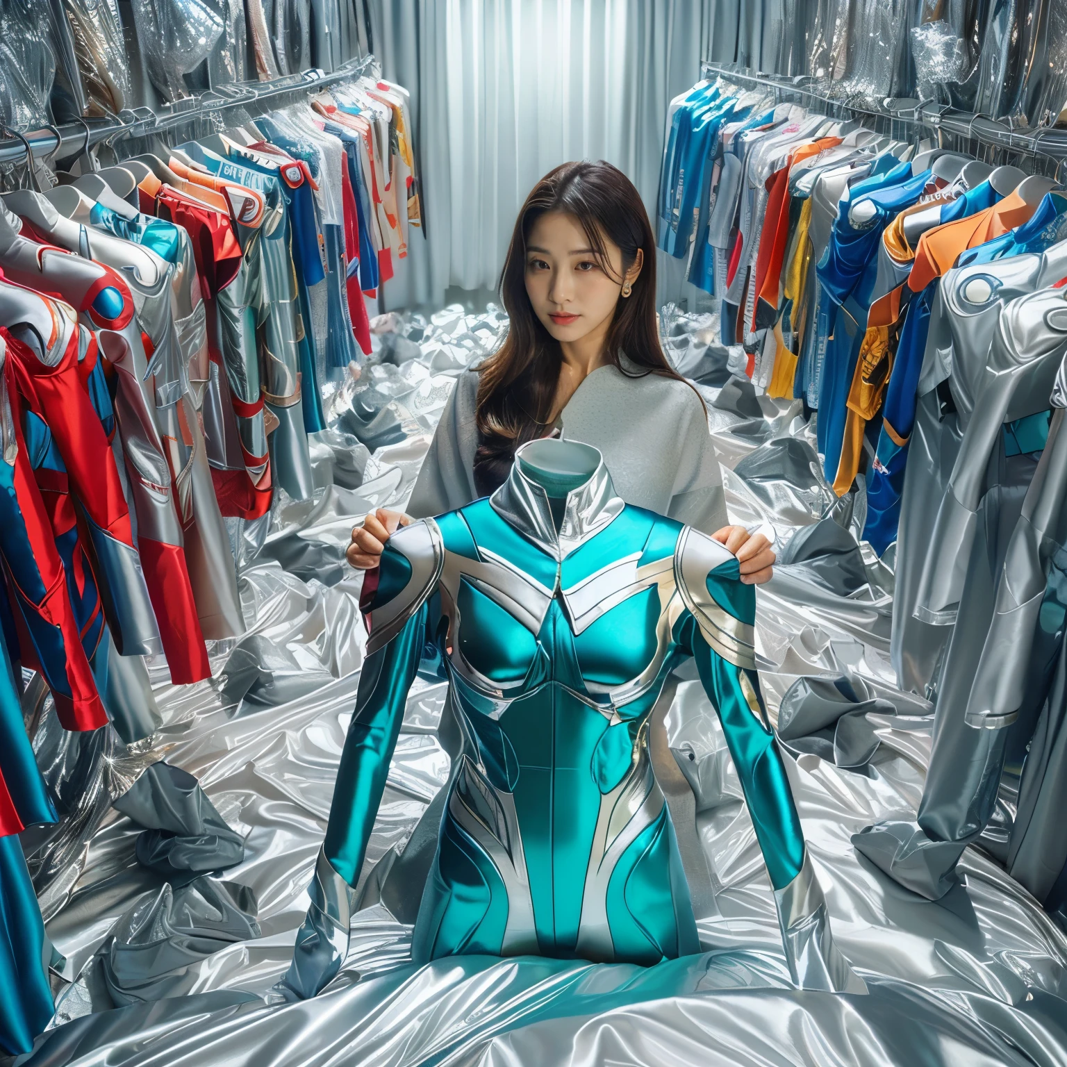 best image quality、Super high resolution、(realism:1.4)、Korean beauty star、The most beautiful KPOP star、horny face、Horny Korean makeup、erotic expression、A body that makes you want to touch it、erotic photos、((Realistic shiny satin fabric texture、High-gloss stretch satin fabric that is smooth and smooth to the touch.、The drape of the curved part of the shiny satin fabric、strong shiny costume、The smooth and beautiful quality and luster of the costumes、A shiny costume made of high-quality satin fabric with high density.、Smooth to the touch oil light liang ice 縝绸 ultra-class battleship skin coat COS、Super Sentai Women's Heroine Suit、Texture of costumes that satin fetishists respond to、Thin, glossy stretch satin fabric)),8K photo quality