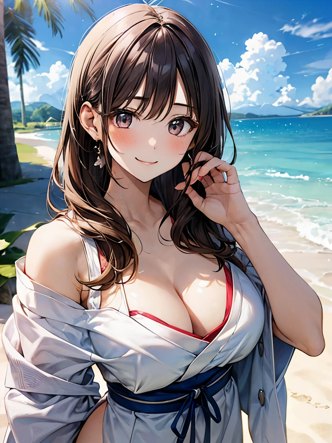 A girl with a cute smile、Cute mini dress that shows cleavage、japanese model、Gravure idol、midsummer sandy beach、highest quality、put your right hand on your hip and look shy