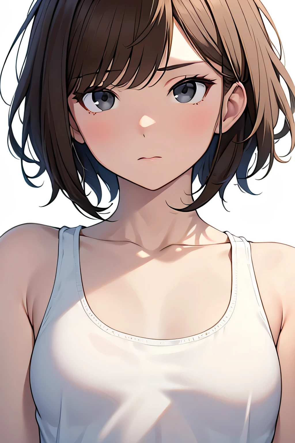 masterpiece, highest quality, 高精細CG Unity 8K,RAW photo, beautiful and detailed face, detailed hair texture,beautiful face, Accurate, anatomically correct,symmetrical eyes, stunned look,(1 girl). slender body shape, small breasts, beautiful clavicle, light brown hair, short hair, messy hair, asymmetrical bangs, white tank top, (black eye),(white background),(white background),(from behind),