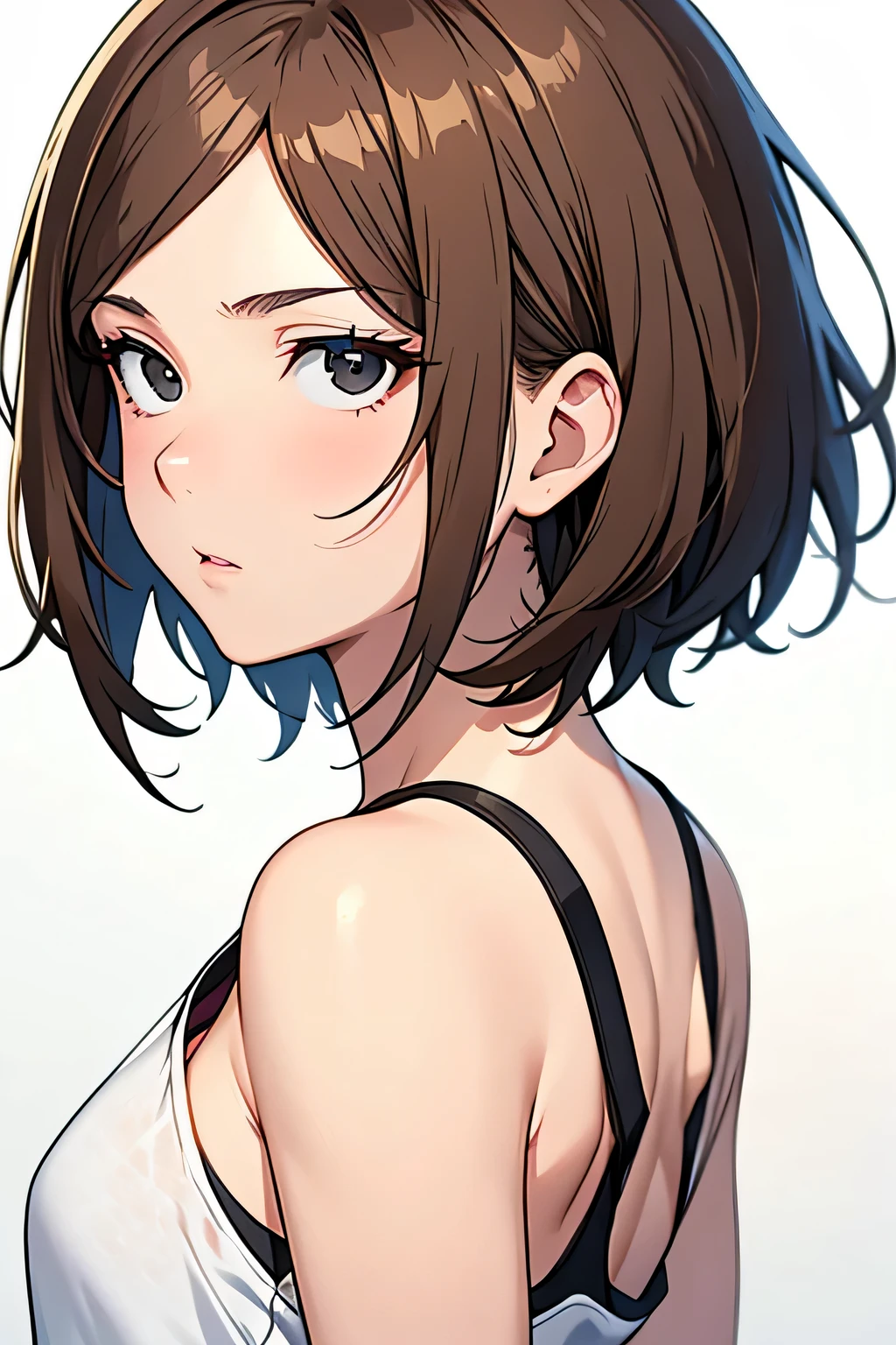 masterpiece, highest quality, 高精細CG Unity 8K,RAW photo, beautiful and detailed face, detailed hair texture,beautiful face, Accurate, anatomically correct,symmetrical eyes, stunned look,(1 girl). slender body shape, small breasts, beautiful clavicle, light brown hair, short hair, messy hair, asymmetrical bangs, white tank top, (black eye),(white background),(white background),(from behind),