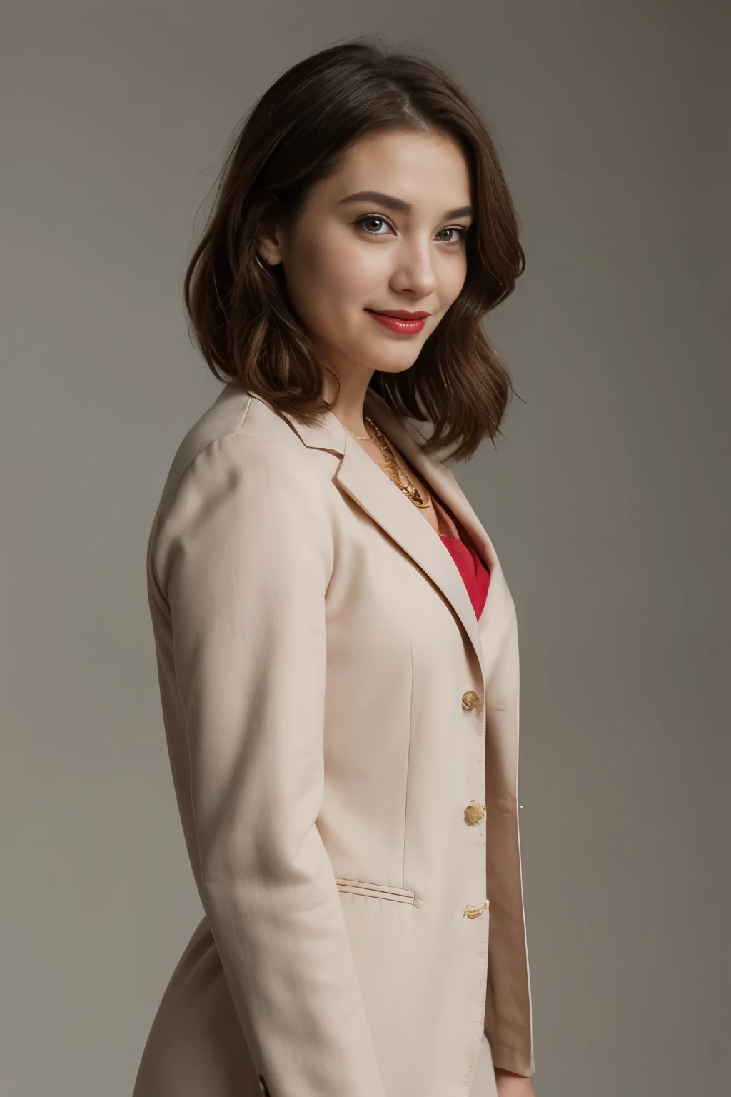 ((melhor qualidade)), ((obra de arte)), (detalhado), rosto perfeito,render,perfect makeup,egyptian eye liner,vivid red lipstick,red dust on cheeks,gold powder above eyes,shiny hair,perfect hair,red hair,big smile,extremely happy,necklace,consultory,doctor clothes,female suit,red suit,red coat,closed coat,suit jacket,long red skirt,light gray background,side view,standup pose,business woman