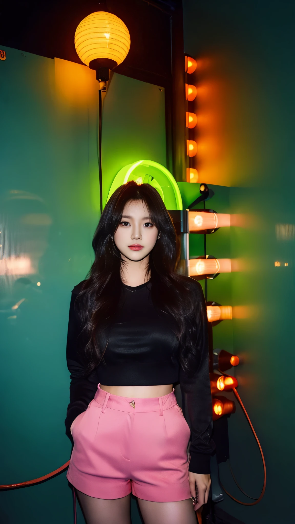 A woman is standing in front of a neon light, The picture is inspired by Ni Yuanlu, CG Social Trends, Trend Art, Blackpink's Roseanne Park, Popular topics on cgstation, gas station trends, Blackpink's Josh, WHO, black pink josie'portrait, Jaeyeon Nam, Sisionwu, sun yunjoo