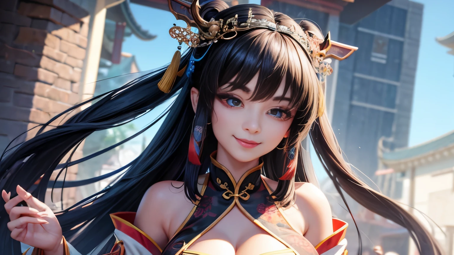 High resolution, 1 female, hip up, beautiful eyes, Ring-shaped eyes, jewelry, tattoo, Hanfu, chinese fairy, taoist uniform、cleavage、smile、3D rendering