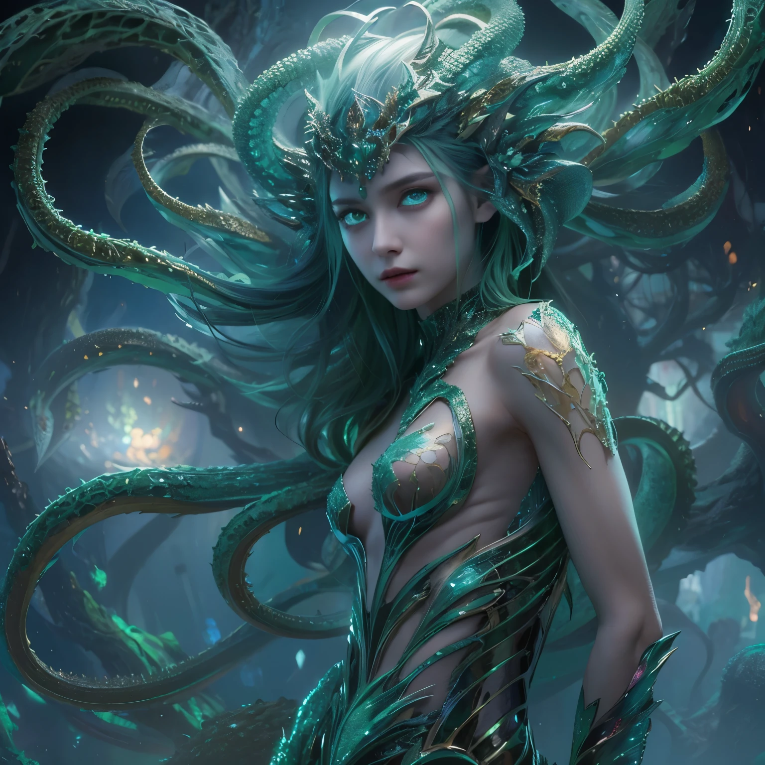(1 female Alien: 1.2), With a beautiful, enchanting face, this alien seduces us with her allure. Her captivating red eyes gleam brightly, reminiscent of burning embers. Her full body is unlike any human's, boasting a sexy, otherworldly form. No humans are present in this scene as she stands alone, her cells fused in a unique and intriguing extraterrestrial way.
(extraordinary beautiful nude photo:1.4), (glowing emerald green eyes:1.5), (sexy and glamorous:1.1), (coquettish expression:1.2), toned lean body, (muscular:1.2), (beautiful abs:1.5), beautiful nipples, She has lots of iridescent translucent tentacles instead of her hair, pale skin, (white skin with prominent veins:1.3), Milky Way, (nebula:1.2), (NSFW:1)
Lots of iridescent translucent tentacles adorn her body, shimmering under the dramatic lighting. Her pale skin, with a hint of translucency, adds to her ethereal allure. This masterpiece, rendered in
