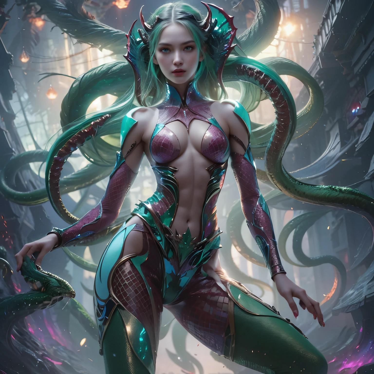 (1 female Alien: 1.2), With a beautiful, enchanting face, this alien seduces us with her allure. Her captivating red eyes gleam brightly, reminiscent of burning embers. Her full body is unlike any human's, boasting a sexy, otherworldly form. No humans are present in this scene as she stands alone, her cells fused in a unique and intriguing extraterrestrial way.
(extraordinary beautiful nude photo:1.4), (glowing emerald green eyes:1.5), (sexy and glamorous:1.1), (coquettish expression:1.2), toned lean body, (muscular:1.2), (beautiful abs:1.5), beautiful nipples,  She has lots of iridescent translucent tentacles instead of her hair, pale skin, (white skin with prominent veins:1.3), Milky Way, (nebula:1.2), (NSFW:1)
Lots of iridescent translucent tentacles adorn her body, shimmering under the dramatic lighting. Her pale skin, with a hint of translucency, adds to her ethereal allure. This masterpiece, rendered in 