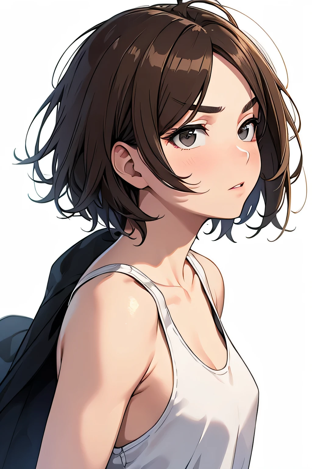 masterpiece, highest quality, 高精細CG Unity 8K,RAW photo, beautiful and detailed face, detailed hair texture,beautiful face, Accurate, anatomically correct,symmetrical eyes, stunned look, slender body shape, small breasts, beautiful clavicle, (troubled eyebrows:1), light brown hair, short hair, messy hair, asymmetrical bangs, white tank top, (black eye),(white background),(white background),(From the side)
