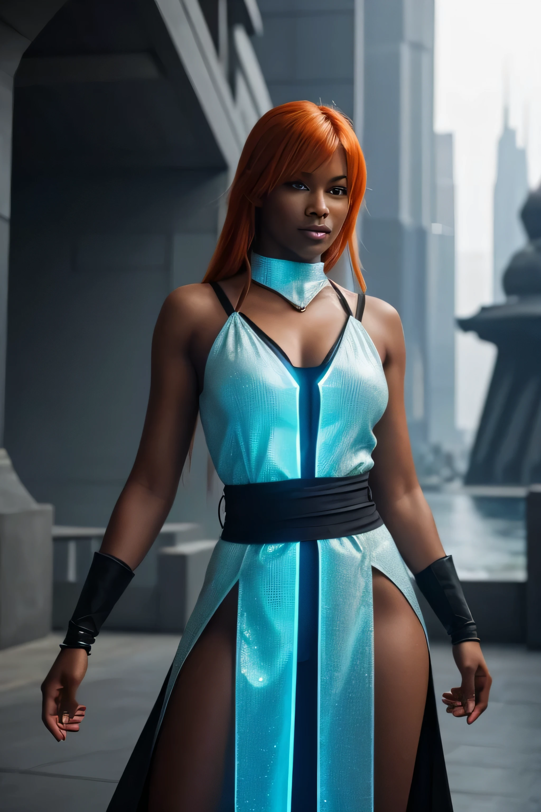 When a female orange-haired dark ebony Jedi, dressed is very sexy light green futuristic holographic robe, with an ice-blue energy sword begins to feel the pull of the dark side but fight against several dark enemies inside a futuristic jedi city.