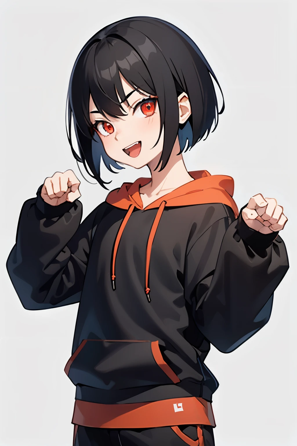 1boy, claw pose, wink, beautiful detailed eyes, sleeves, upright, concept art, solo, looking at viewer, black hair, open mouth, smile, red eyes, bob cut, hoodie, short pants, sneaker, virtual youtuber, grey background, simple background, from front, upper body,