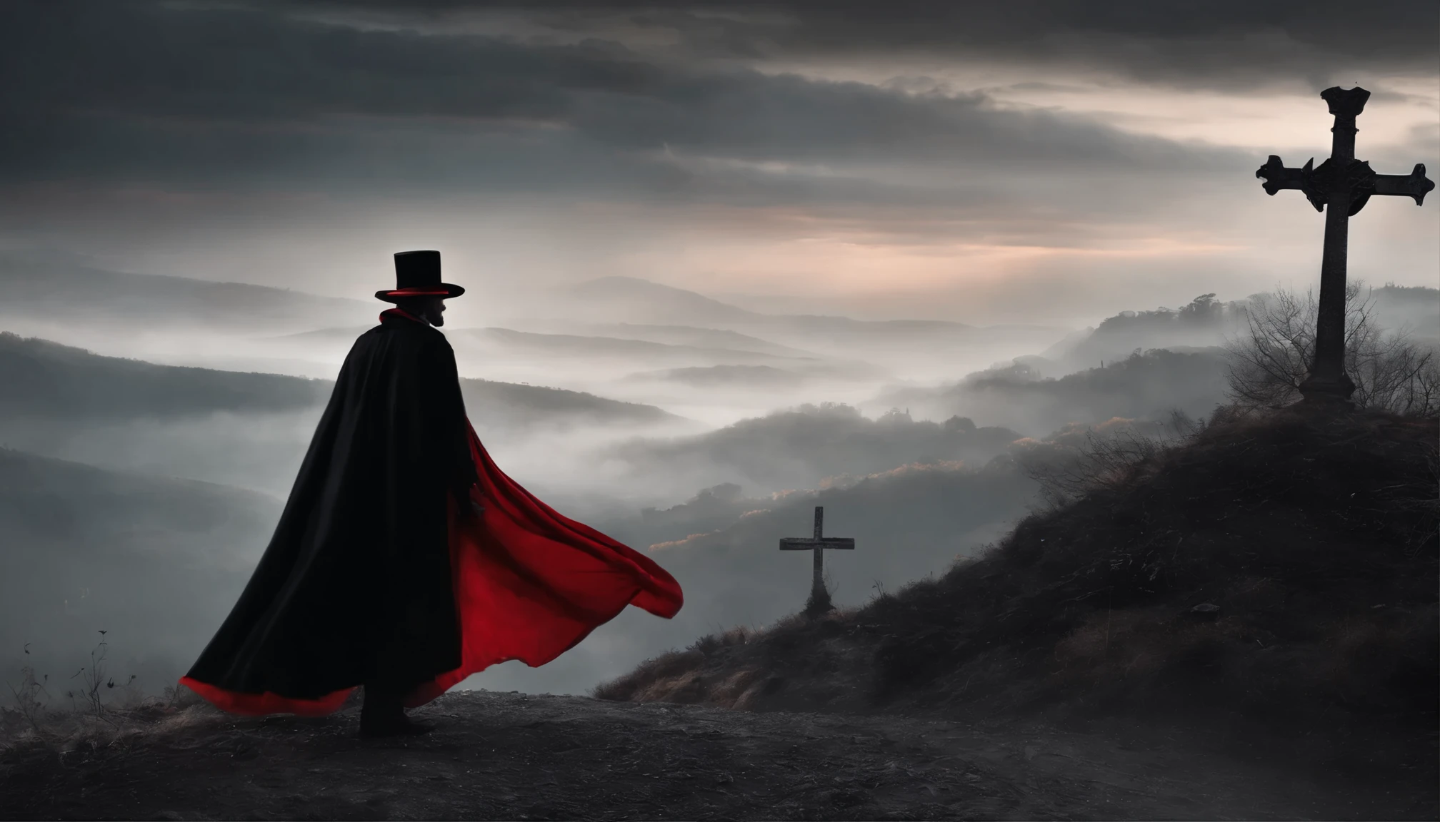 Describe an enigmatic man in a black and red hat, wearing red and black clothes and a black cape, who moves in the night wind. His face has a penetrating look, with strong features, vibrant and mysterious eyes. being in a mystical and mysterious environment under the moonlight and surrounded by crosses.
